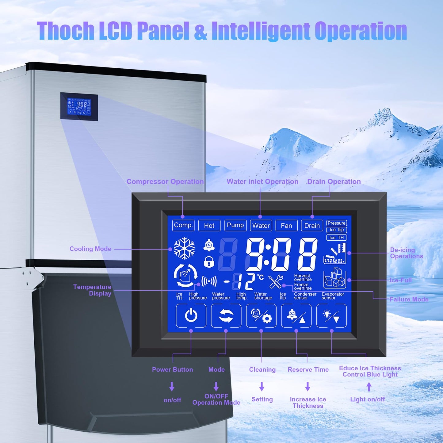 Bibrsa Commercial Ice Maker Machine 480LBS/24H, 360LBS Storage Bin, Ice Ready in 8-15 Mins, Self-Cleaning Mode, Freestanding Ice Maker, Stainless Steel Industrial Ice Machine for Restaurant/Bar/Cafe
