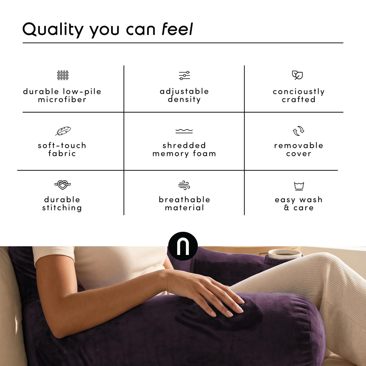 Nestl Reading Pillow for Bed, Back Pillow for Sitting Up in Bed, Purple