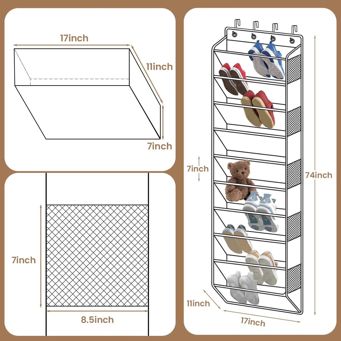LUMIDOMA 10-Tier Over The Door Organizer with 4 Anti-Scratch Silicone Hooks & 10 Side Pockets, Hanging Shoe Organizer for Closet (15-20 Pairs), Behind the Door Storage for Toys, Household Essentials