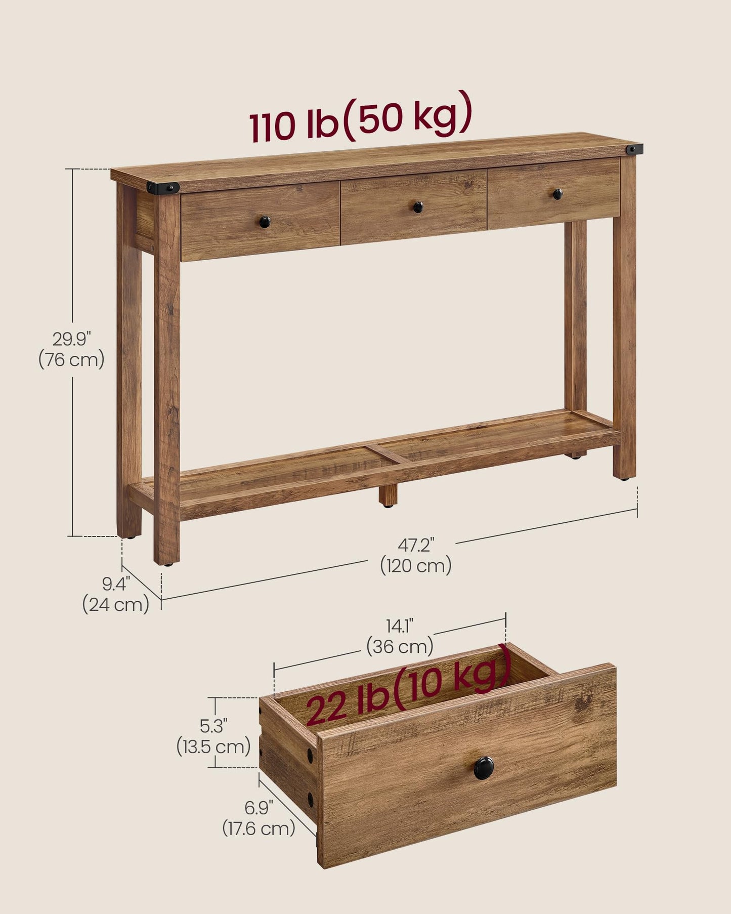 VASAGLE LIRY Collection - Console Sofa Table, Narrow Entryway Table with 3 Drawers, Open Storage Shelf, Metal Corners, for Living Room, Farmhouse Style, Honey Brown ULNT142KB02S