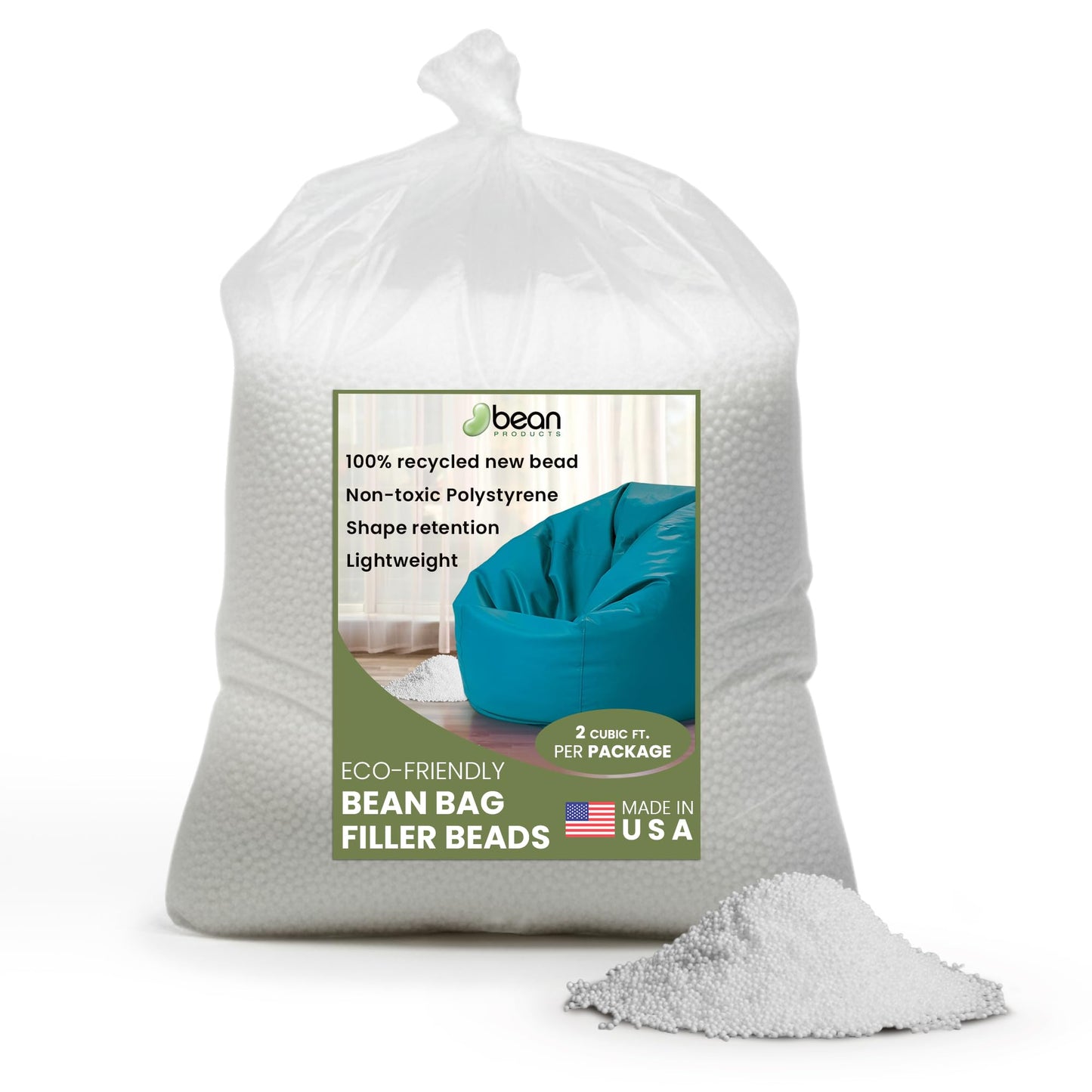 Bean Products Bean Bag Refill Beads - 100% Recycled NEW Polystyrene Filler Beads for Lasting Support - Poly Fill Beans - Versatile Filling for DIY Projects - Made in USA - 2 Cubic ft.