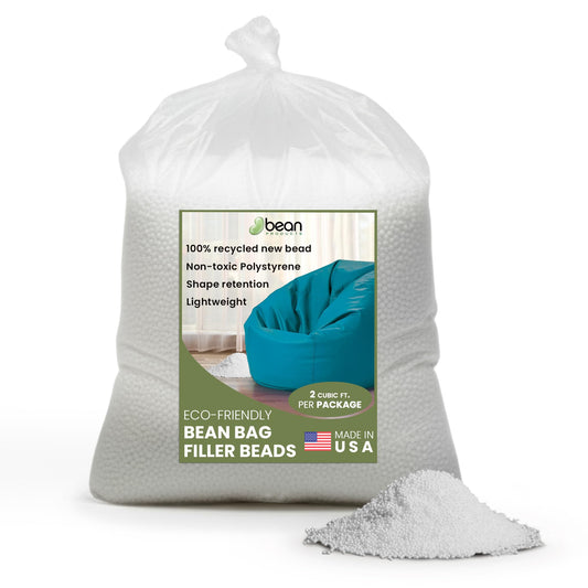 Bean Products Bean Bag Refill Beads - 100% Recycled NEW Polystyrene Filler Beads for Lasting Support - Poly Fill Beans - Versatile Filling for DIY Projects - Made in USA - 2 Cubic ft.
