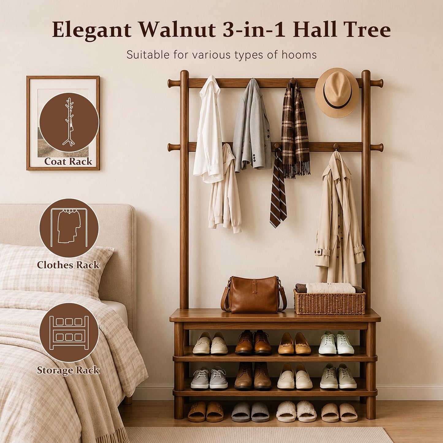 Wamhom Solid Wood Hall Tree with Bench, Shoe Rack & 11 Hooks 35.0''