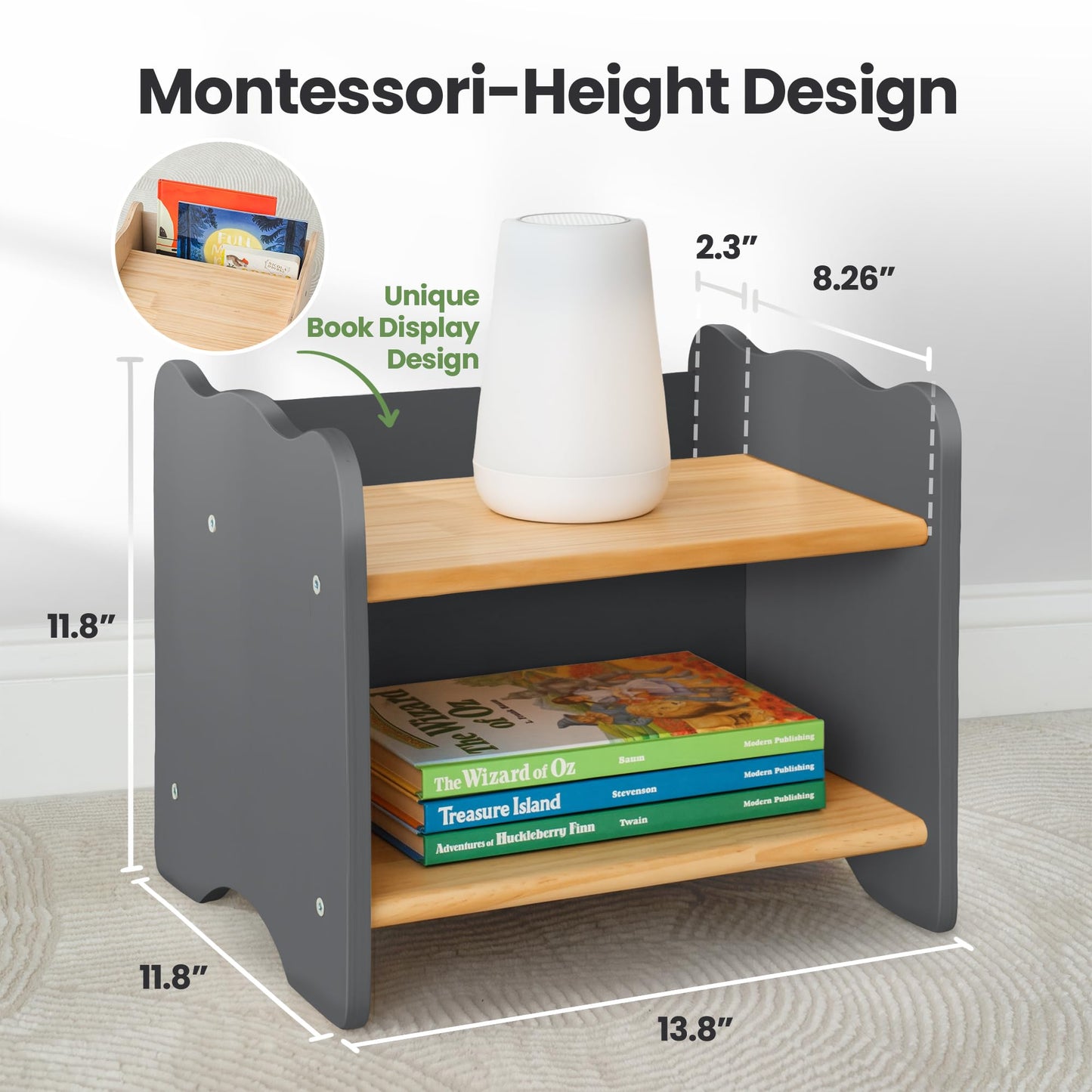 Ocodile Kids Nightstand for Floor Beds, Solid Wood Small Bedside Table with Book Pocket, Low Tiny Nightstand for Nursery, Toddler & Kids Room, Montessori Style Side Table - Gray