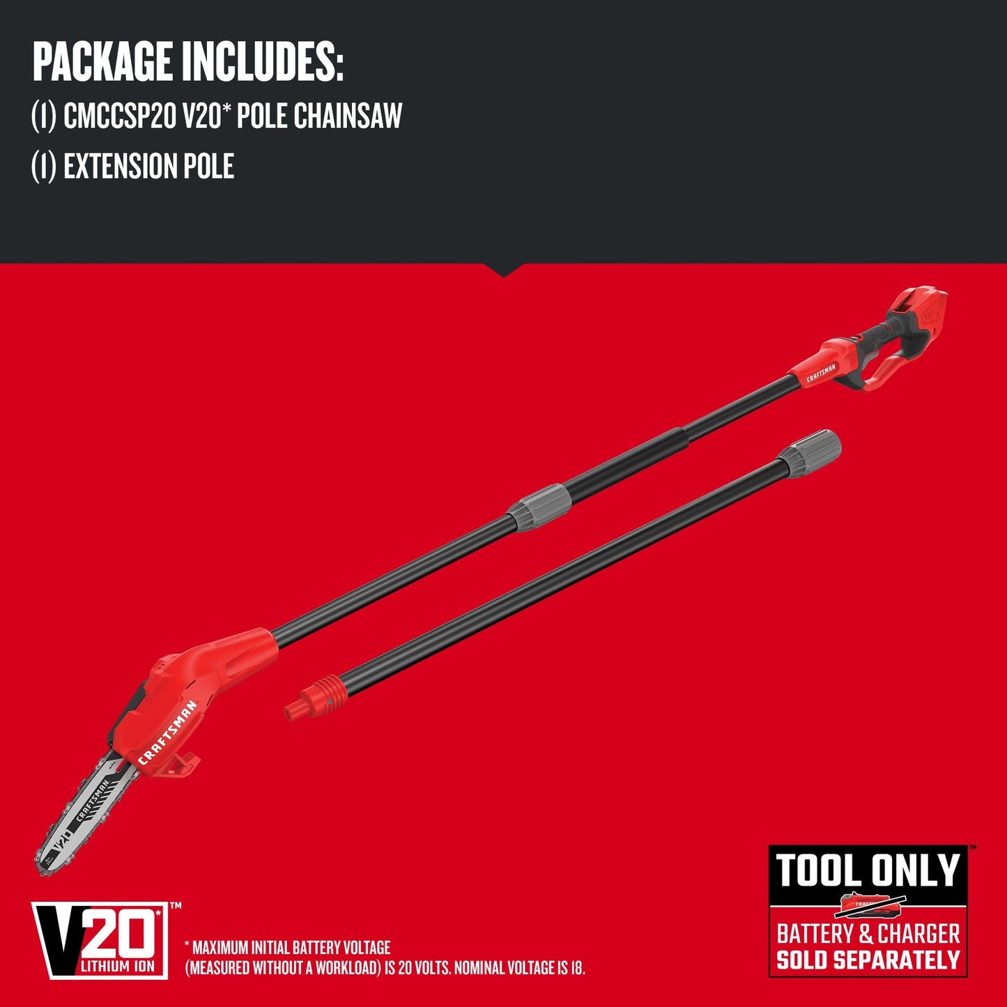 CRAFTSMAN Pole Saw, Pole Saws for Tree Trimming, Cordless V20 Tool-Only Tree Trimmer, Up to 14 Ft Extended Reach (CMCCSP20B)
