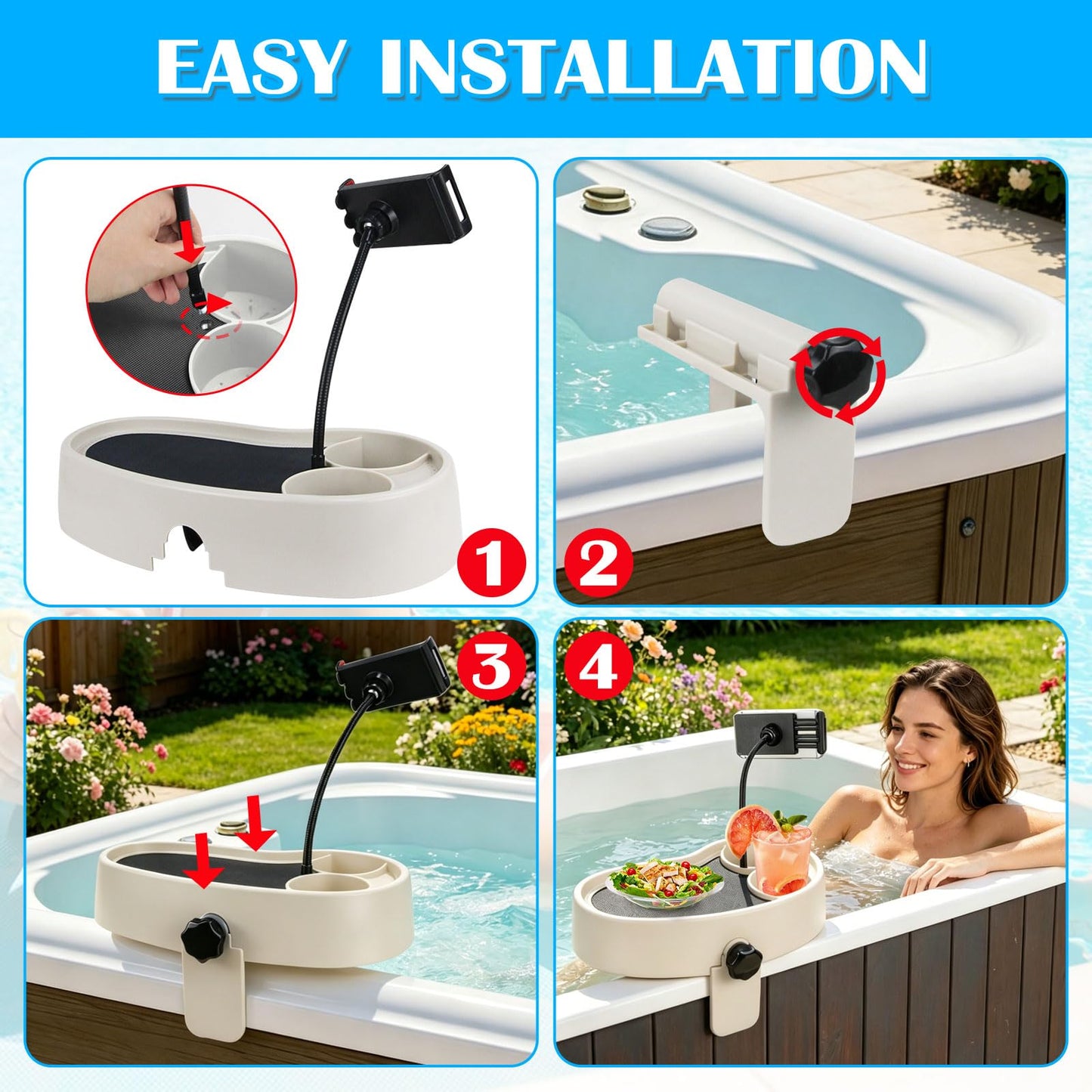 Hot Tub Table Tray with Adjustable Phone Holder, Nonslip Bathtub Table Tray Between 2.4-7.4" Hot Tub Accessories for Adults with 2 Cup Holders, Clip-on Pool Side Table for Above Ground Bathtub (Beige)