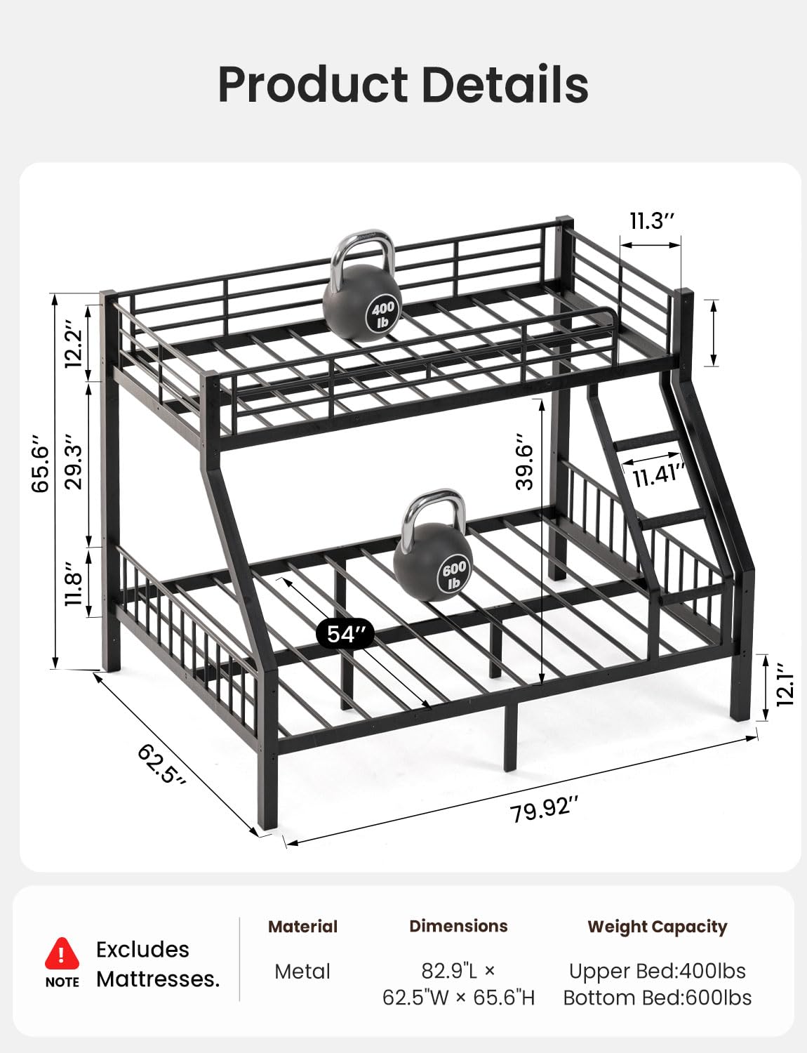Twin XL Over Queen Bunk Bed, Heavy Duty 600lbs Bed Frame, Safety Guardrails