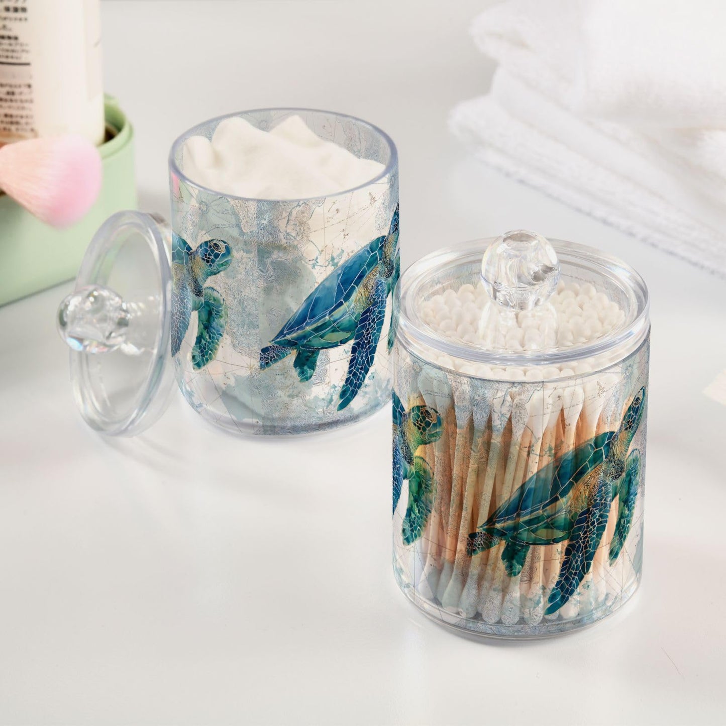 xmycdz 2 Pack Sea Turtle Pattern Apothecary Jars with Lid, 10 Oz Clear Plastic Apothecary Jar Set Qtip Holder Storage Containers for Cotton Ball Swabs Bathroom Vanity