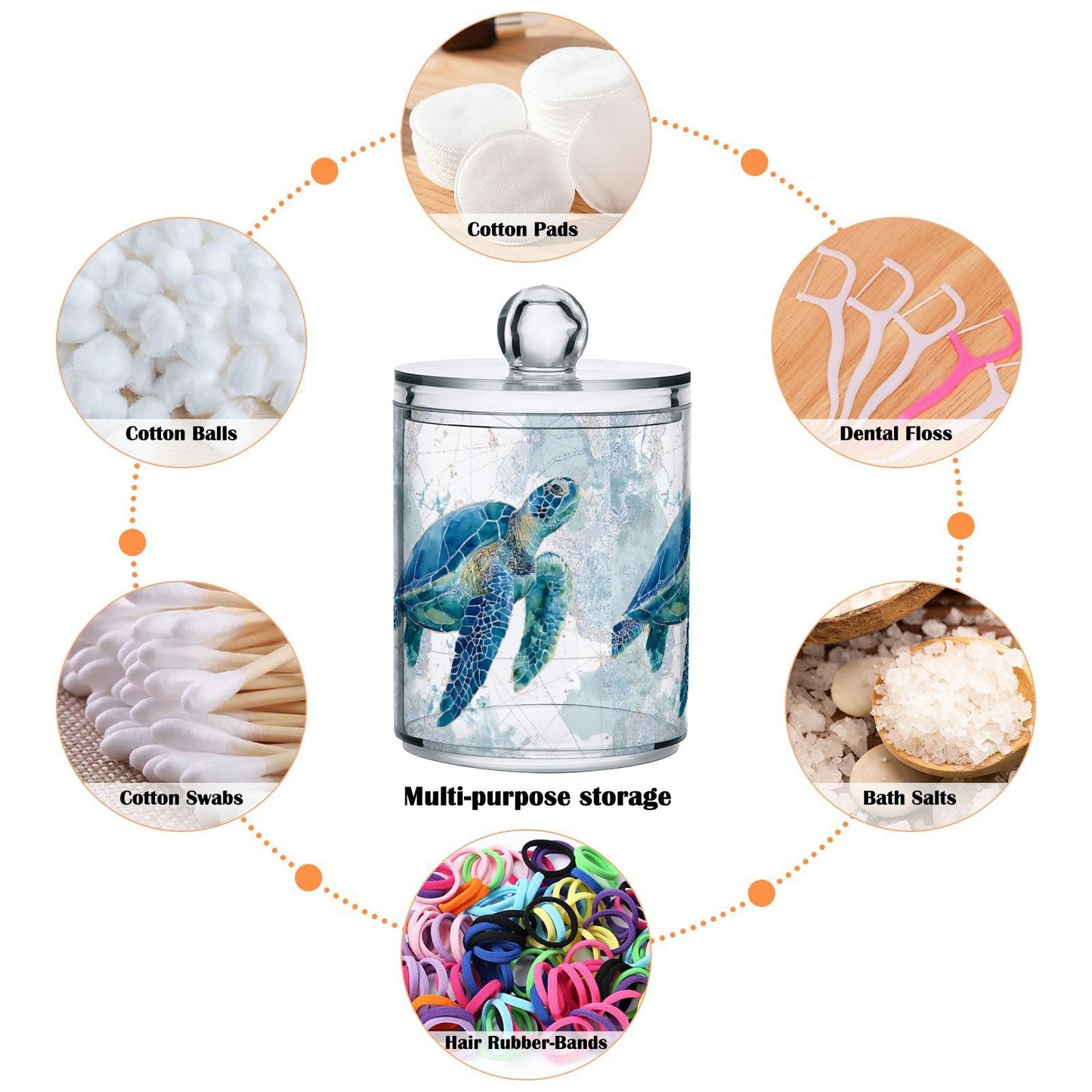 xmycdz 2 Pack Sea Turtle Pattern Apothecary Jars with Lid, 10 Oz Clear Plastic Apothecary Jar Set Qtip Holder Storage Containers for Cotton Ball Swabs Bathroom Vanity