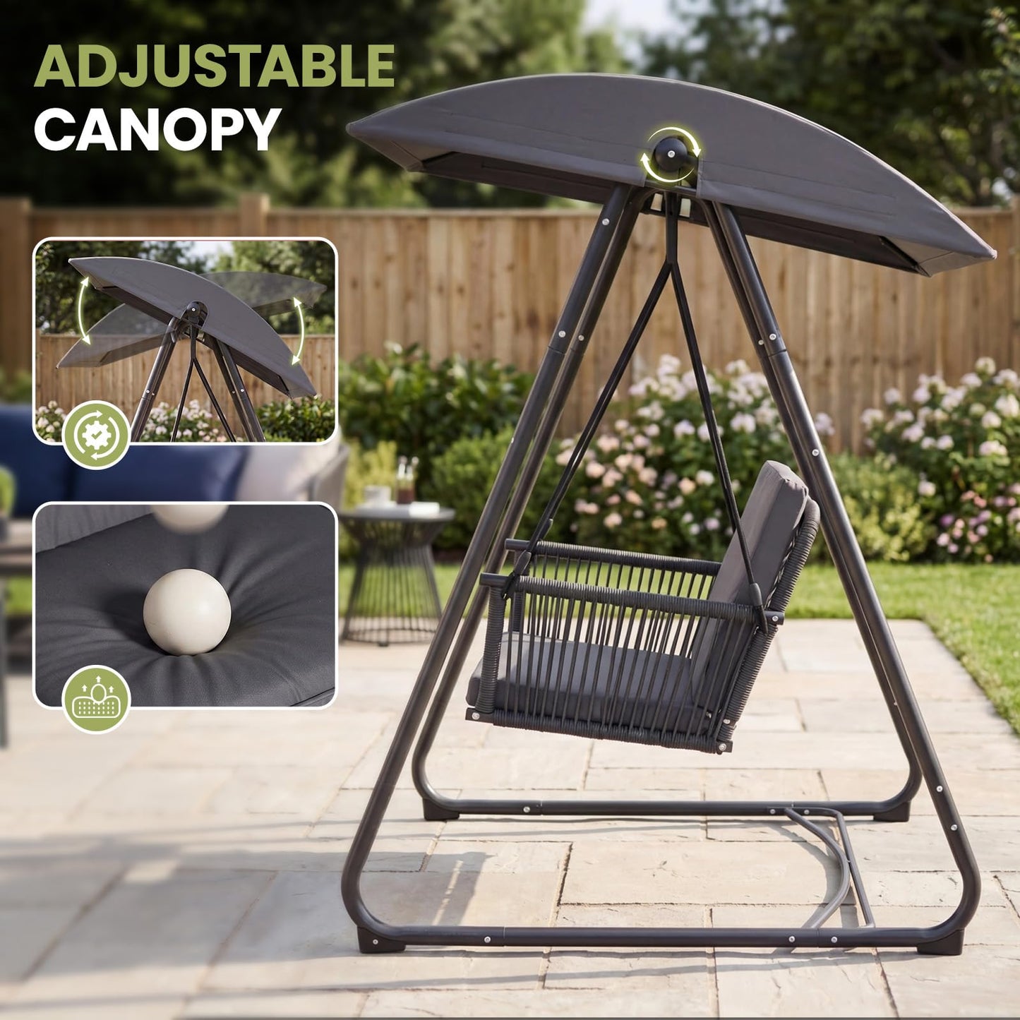 DAYARUS Porch Swing with Stand, Outdoor Swing with Canopy, All Weather Outdoor Swings for Adults, 400lbs Heavy Duty Porch Swings with Removable Cushions, Single Hanging Chair for Small Space, Grey