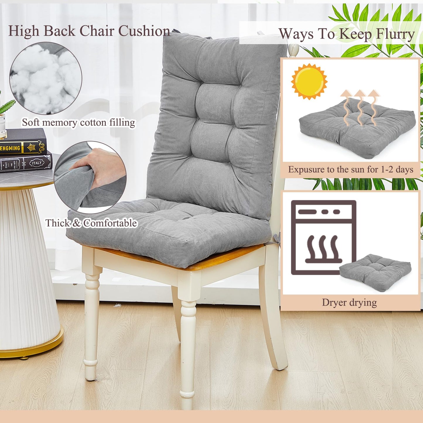 Juexica 4 Sets Outdoor Patio Chair Cushions Seat High Back Tufted Pillow Replacement Rocking Chair Cushions Pads for Patio Summer Seasonal Indoor Home Office(17 x 17 Inch,Gray)