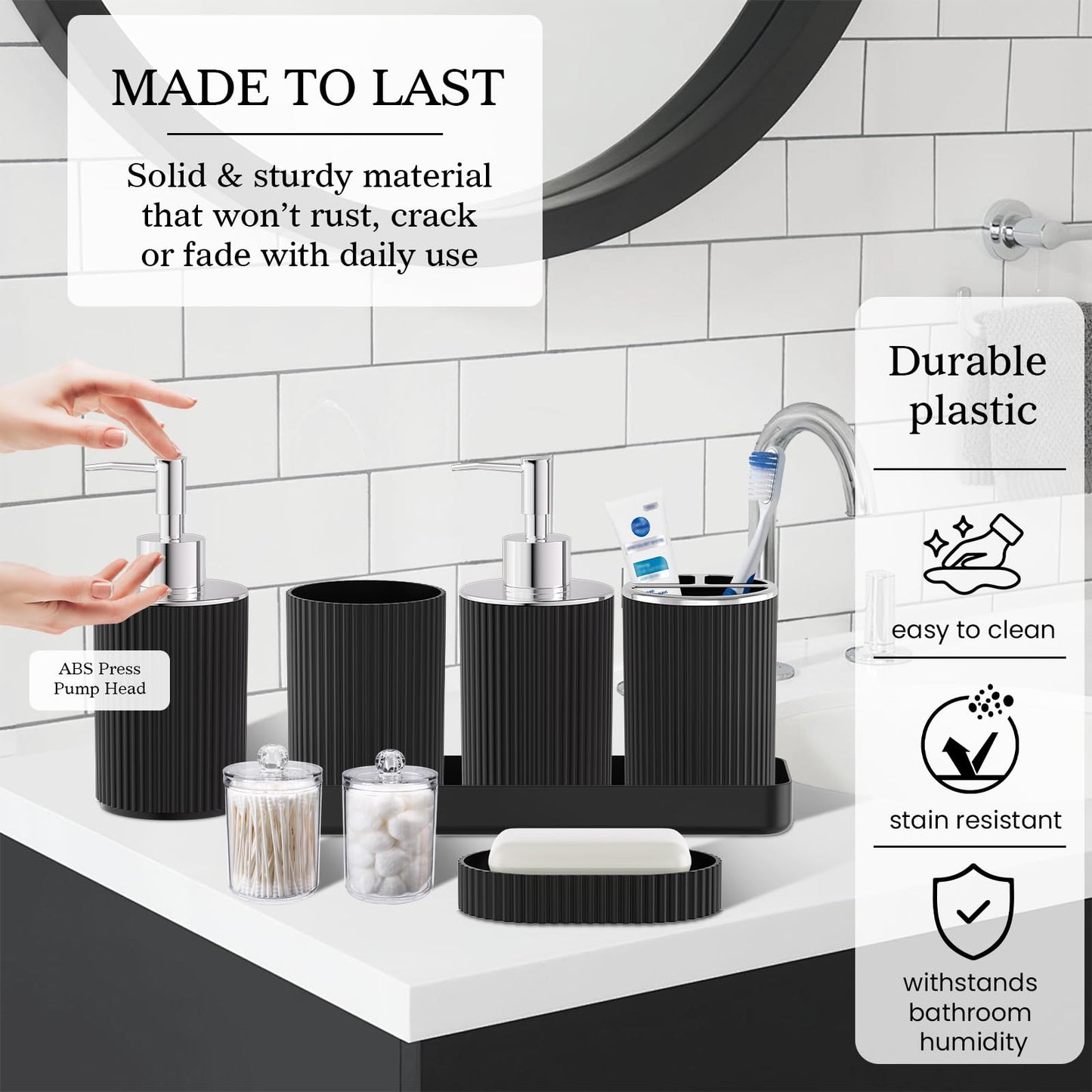 InnJoey Black Bathroom Accessories Set, 10PC Bathroom Trash Can Set