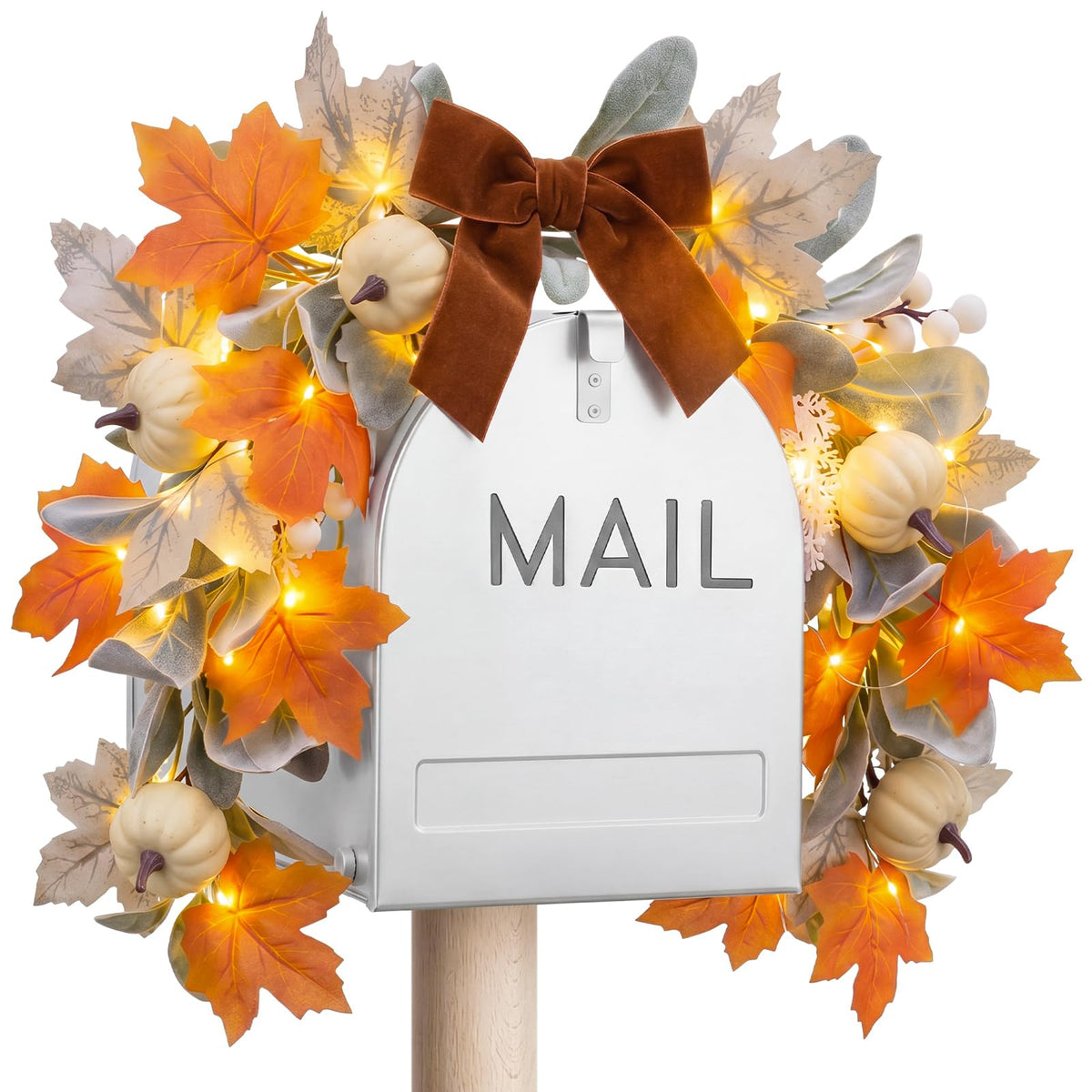 Wavyknot Fall Mailbox Decor 23.6'' Autumn Mailbox Swag Garland with Lights, Fall Pumpkins Maple Leaves Garland Thanksgiving Harvest Swag for Mail Box Window Mantels Home and Outside Decor