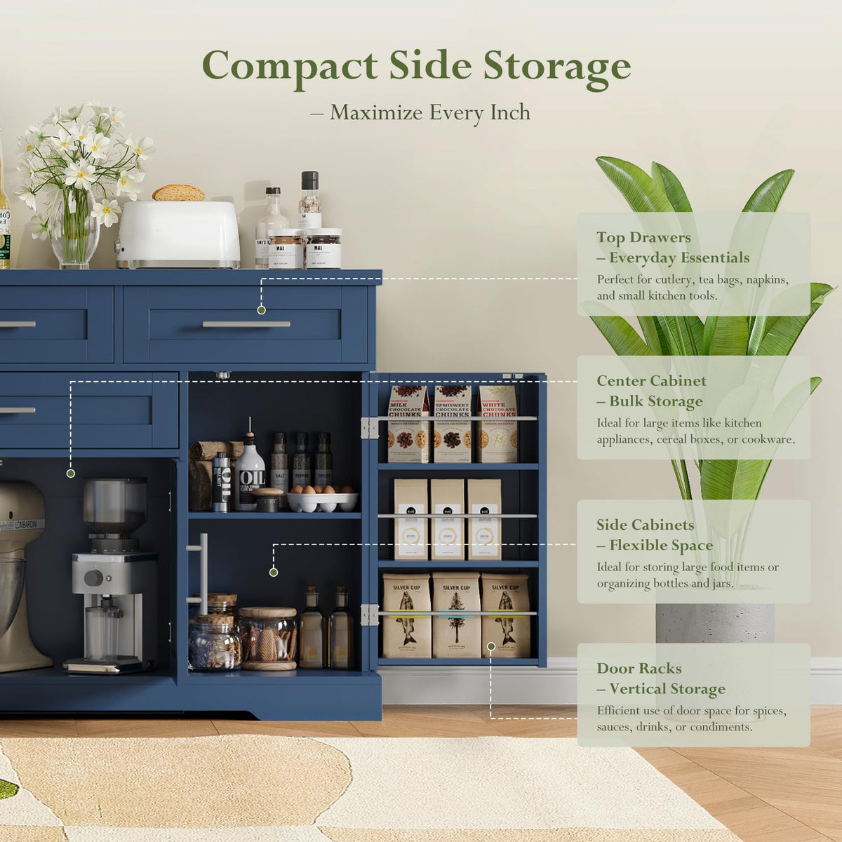 54" Sideboard Cabinet, Kitchen Buffet Cabinet with Storage, Blue