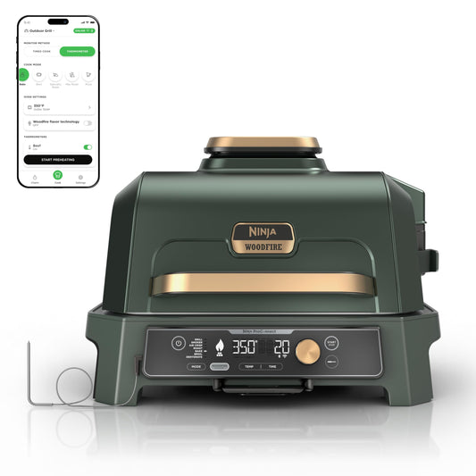Ninja Woodfire Pro Connect XL Outdoor Grill & Smoker | Bluetooth, App Enabled | 7-in-1 Grill, BBQ Smoker, Outdoor Air Fryer | Woodfire Technology | Built-In Thermometer | Green & Gold | OG951GN2
