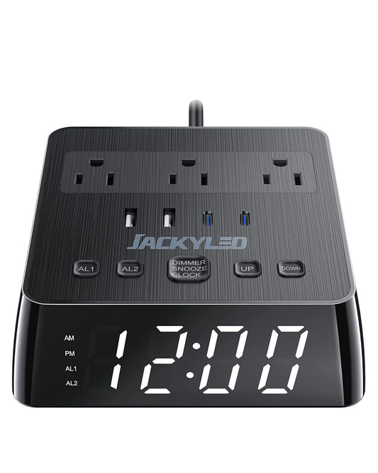 JACKYLED Alarm Clock with 4 USB Chargers, Power Strip 3 Outlets, 1700J