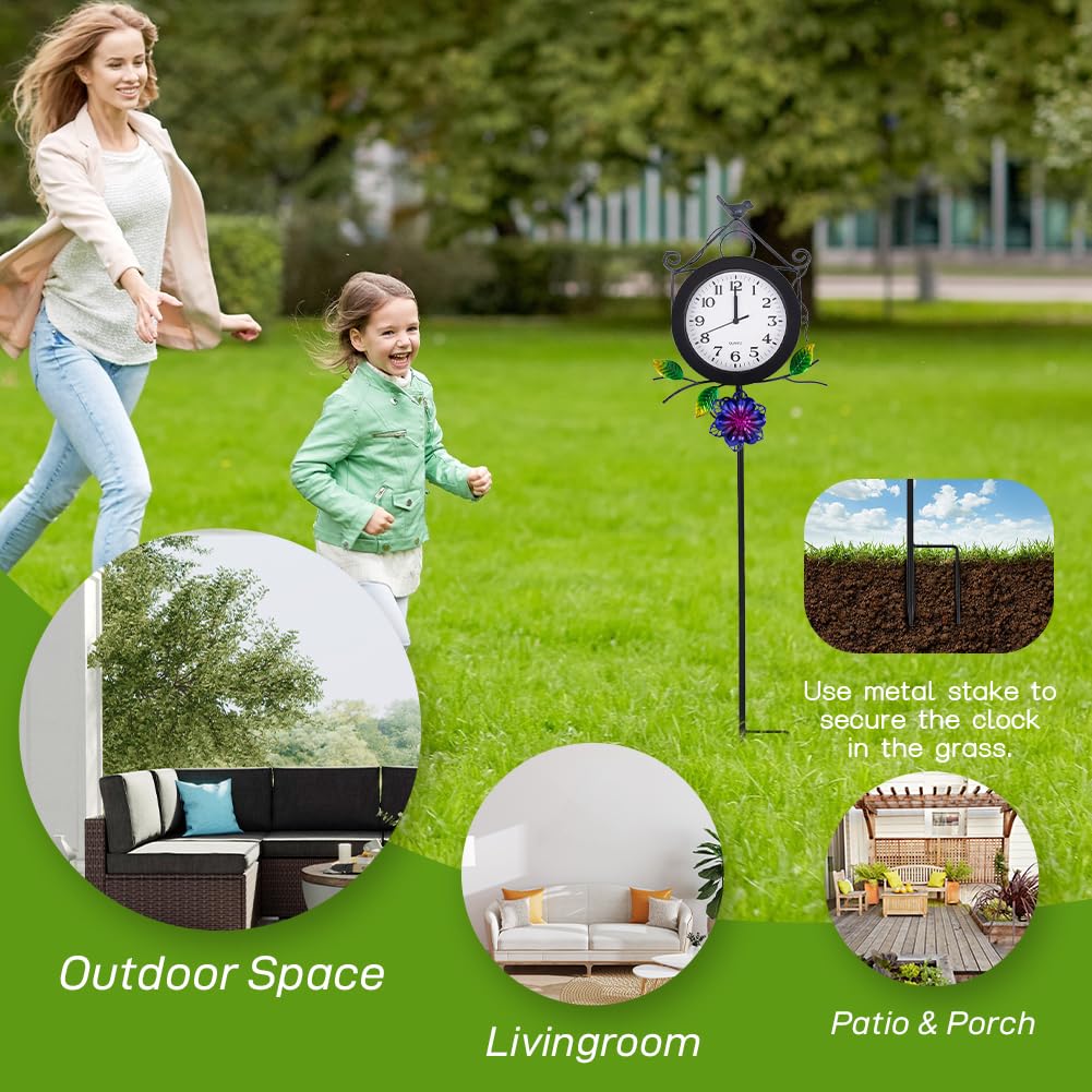 STANKGARDEN Outdoor Clock with Garden Stake, Flower Birdhouse Outdoor Wall Clock Waterproof, Silent No-Ticking Outdoor Clocks for Garden, Patio, Yard, Fence