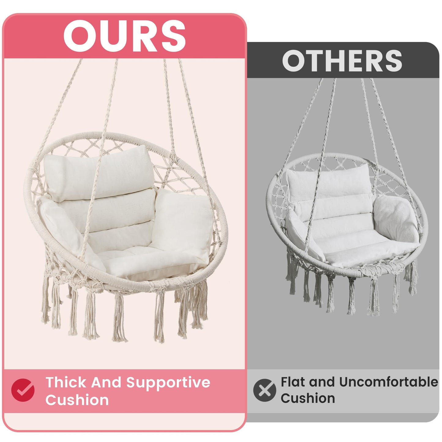KROFEM Hammock Chair Swing Chair with Boho Medium Cushion, Macrame Hanging Chair for Bedroom, Indoor, Outdoor, Balcony, Porch, Beige