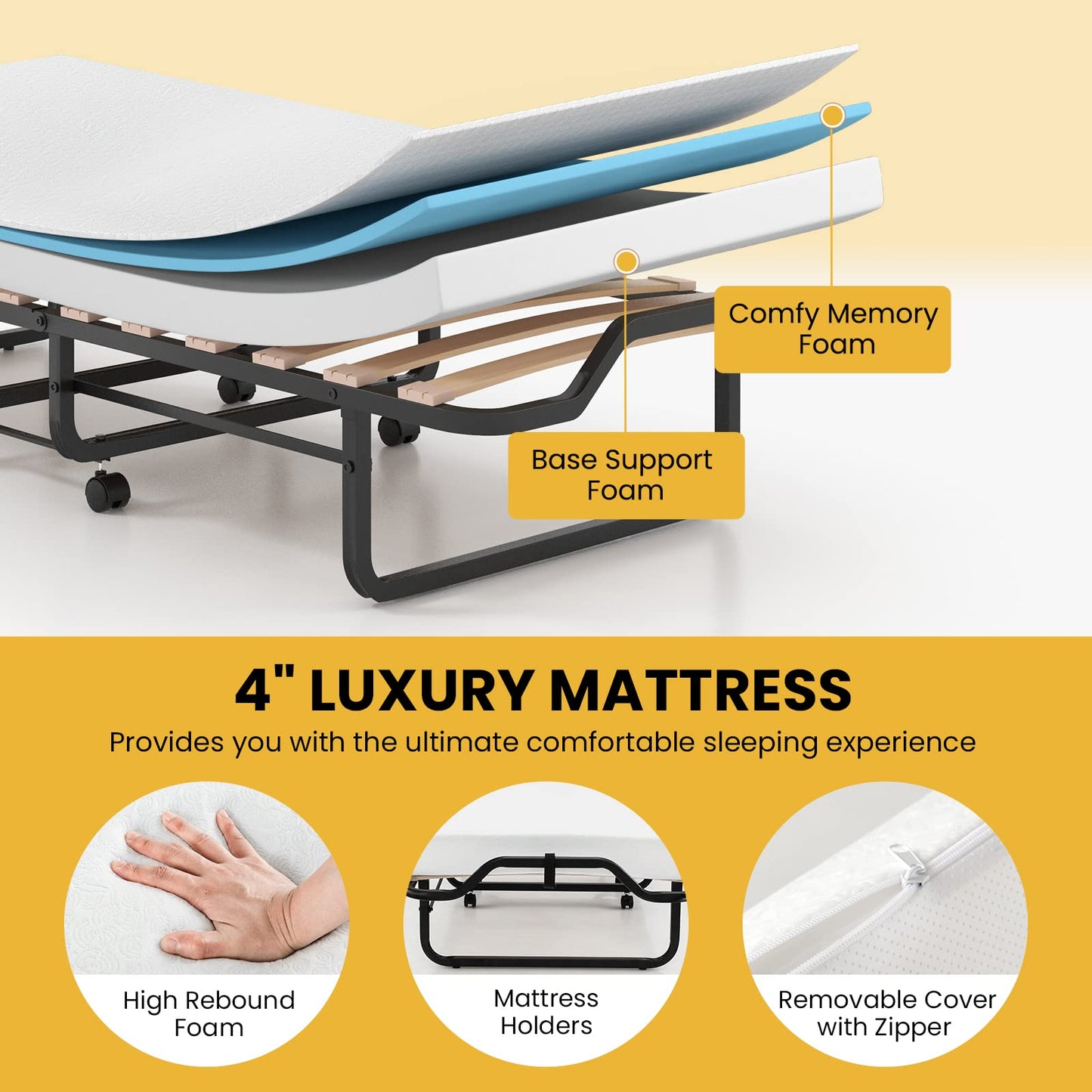 Giantex Folding Bed with Mattress for Adults, Cot Size Rollaway Bed for Guest, Portable Foldable Bed w/Memory Foam Mattress & Metal Frame for Easy Storage, 75"x 31"
