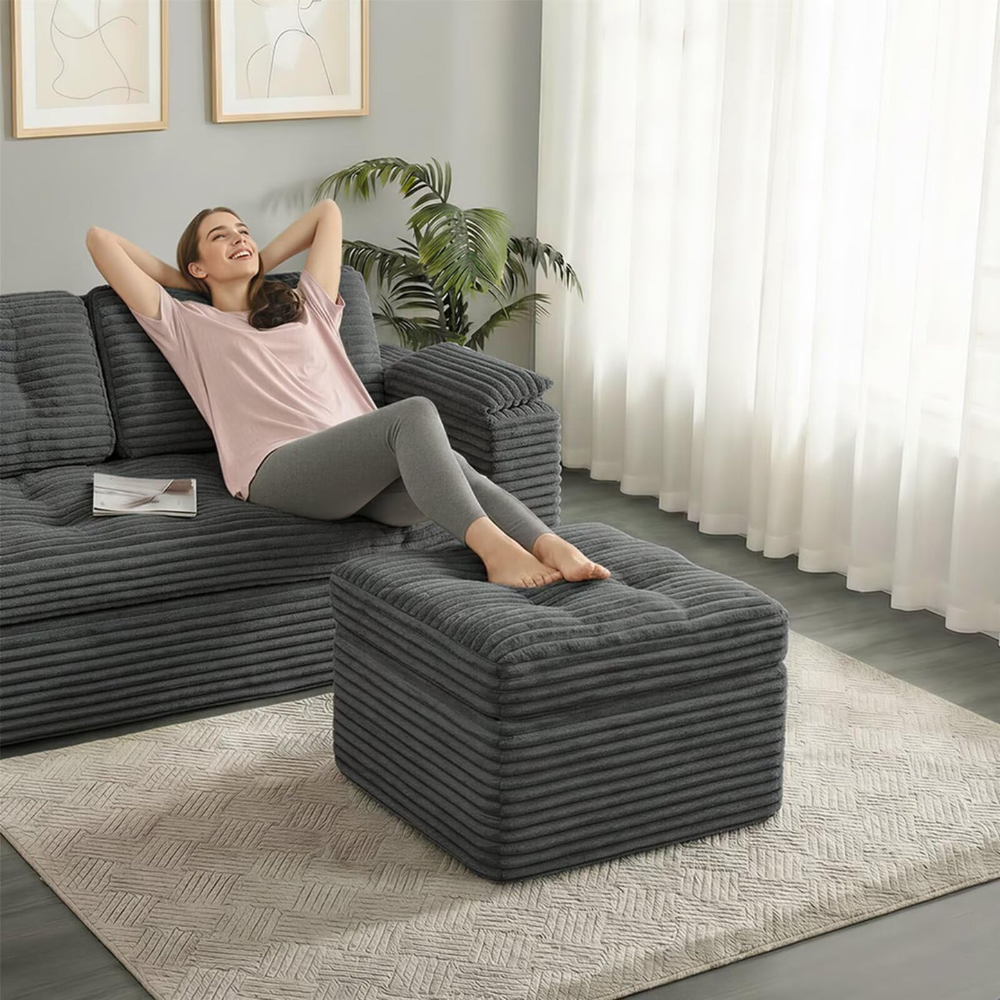 Fabulcozy 23.6in Pouf Ottoman, Corduroy Ottoman Foot Rest with Dual‑Layer Support, Large Poofy Pouf with Soft Chunk‑Foam Top & Firm Foam Base, Floor Foot Stool for Living Room, Dark Grey
