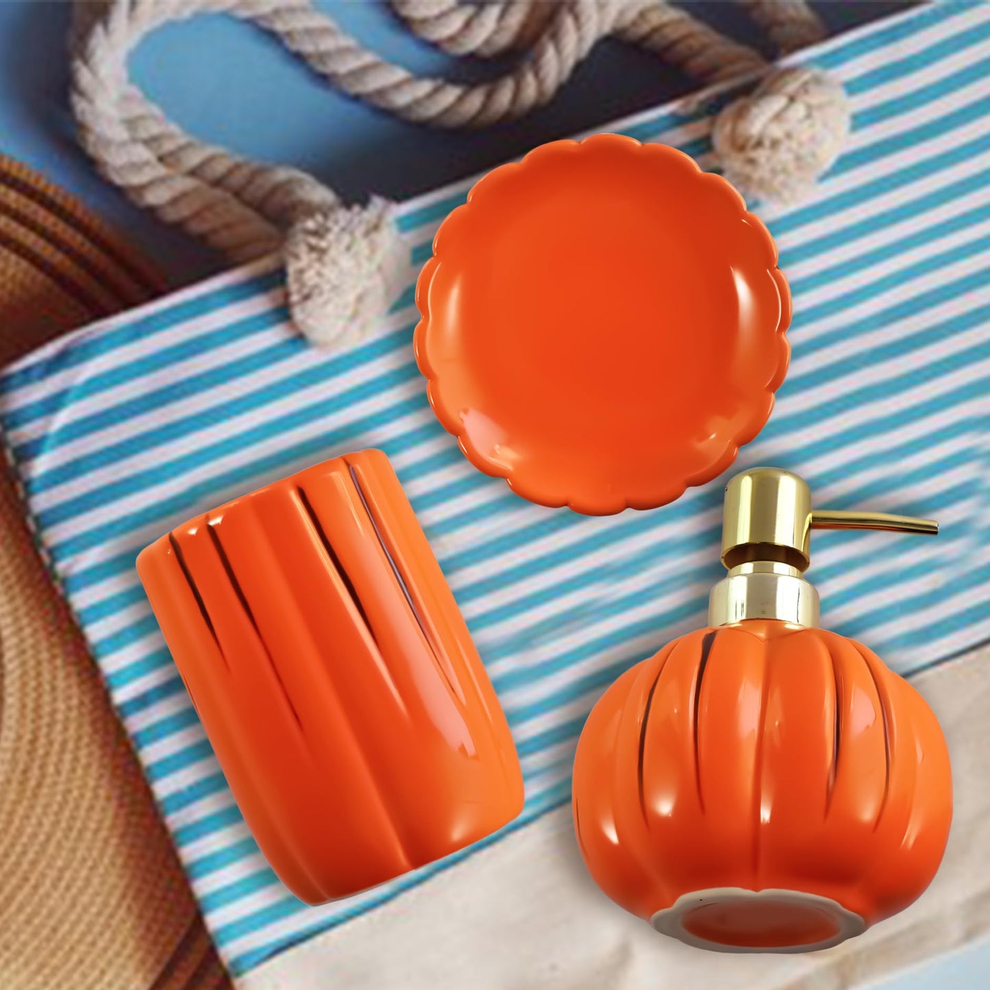 Halloween Pumpkin Bathroom Accessories Set, Orange Bathroom Fall Decor, 3PC Ceramic Bathroom Sets Complete, Toothbrush Holders, Soap Dispenser, Soap Dish, Bathroom Organizer for Countertop