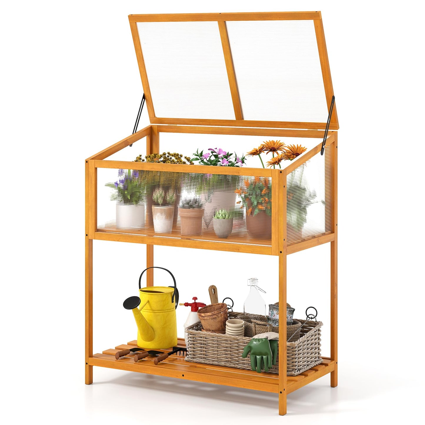 Giantex Wood Cold Frame Greenhouse, Raised Flower Planter Protection with Transparent Openable Roof & Slatted Shelf, Indoor Outdoor Hot House for Garden Balcony, 36”x20”x42”