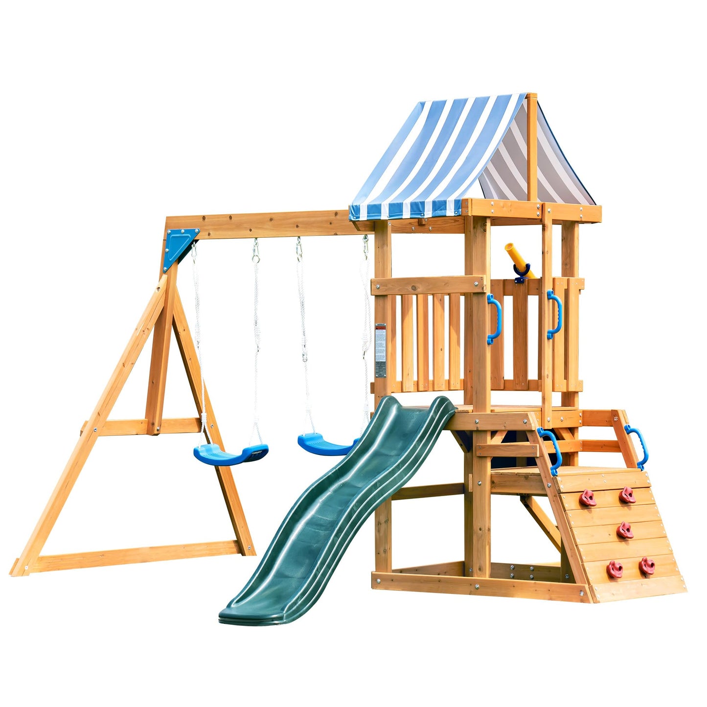 ROBOTIME Wooden Swing Set for Backyard, All-in-One Kids Outdoor Play Equipment with Swings, Slide, Climbing Rope Ladder, Outdoor Swing Playset for Kids Ages 3-10