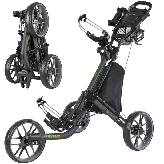 EASEGO Golf Push Cart 3 Wheel : Golf Caddy Pull Cart, One Click Folding Golf Bag Cart Lightweight Compact Golf Trolley with Cooler Bag, Umbrella, Cup & Phone Holder for Different Terrain