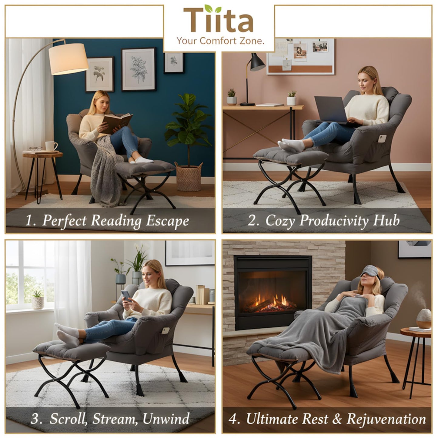 Tiita Modern Large Accent Chair with Ottoman, Comfy Leisure Sofa Armchair with Footrest, Reading Chair for Bedroom, Living Room, Dorm Rooms, Garden Dark Grey