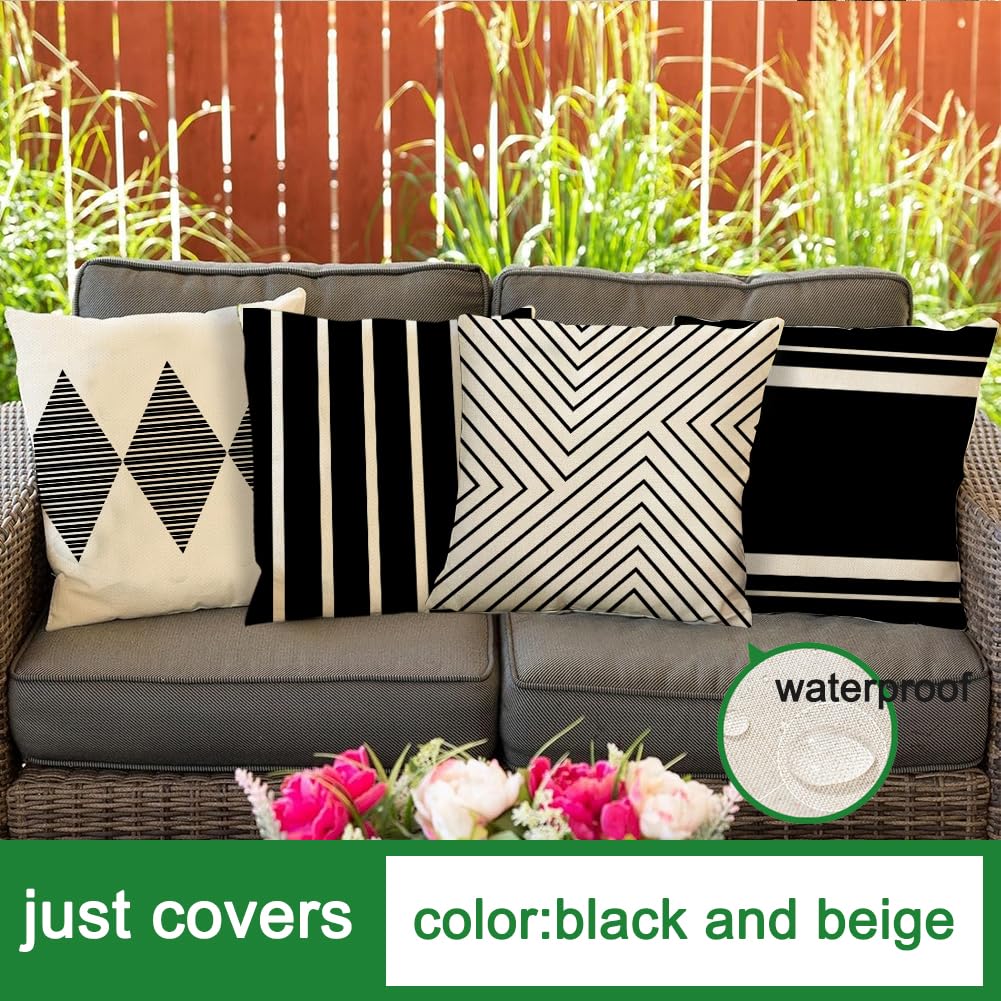 RABUSOFA Outdoor Pillows Waterproof,18x18 inch Black and White Throw Pillows Boho Set of 4 for Patio Furniture,Sunbrella Outdoor Pillow Covers for Couch(2W-18) (no Insert)