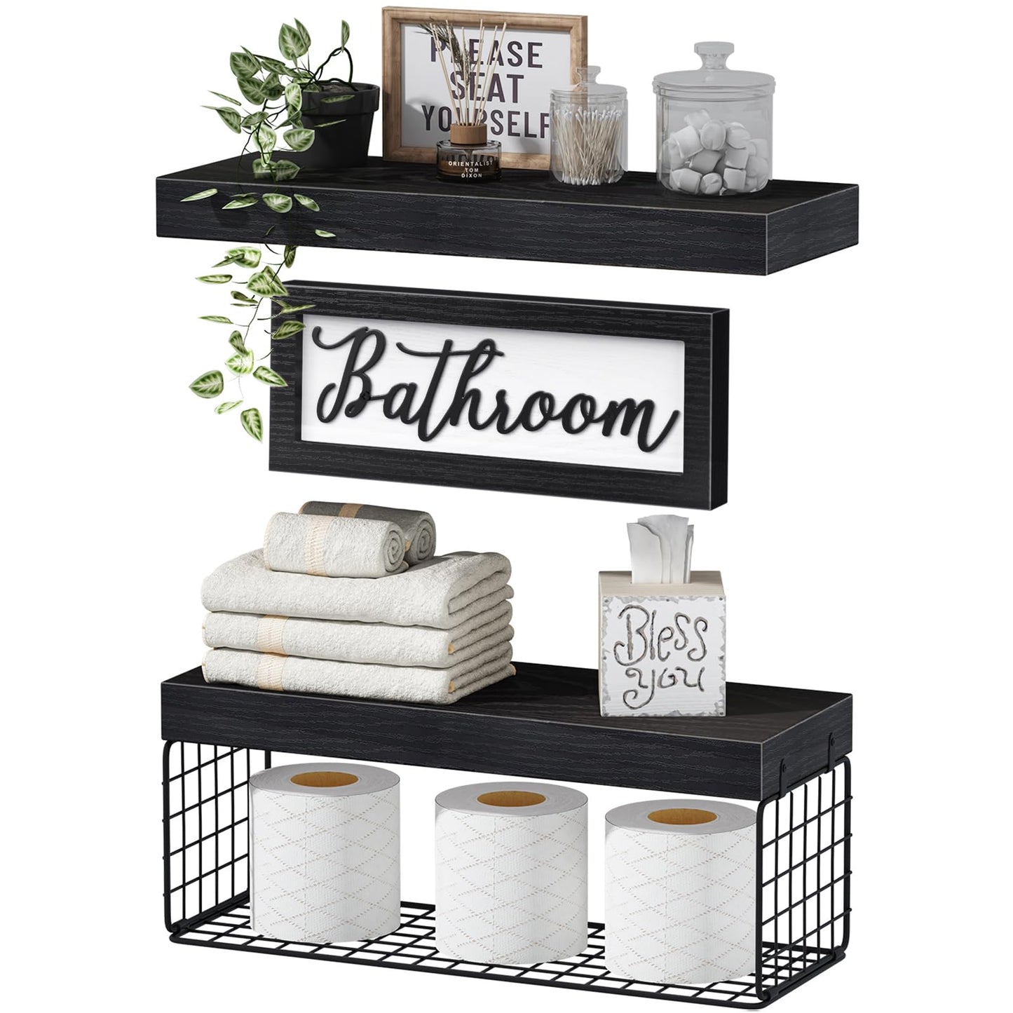 QEEIG ‎Bathroom Shelves Over Toilet - Paper Storage Wall Mounted Farmhouse Decor Decorations Aesthetic Décor Sign Small Floating Shelf 2+1 Set 16 inch, Black (020B)