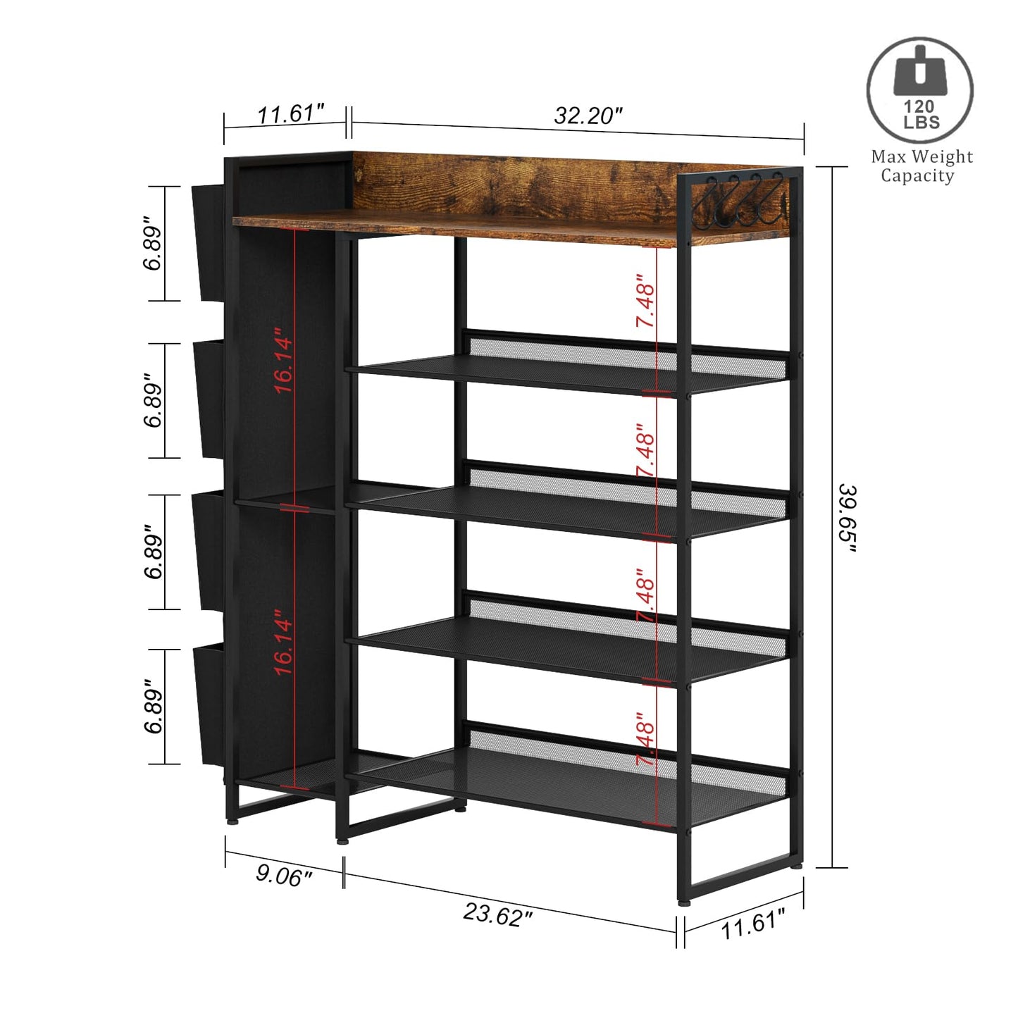 Brown 5-Tier Shoe Organizer - Free Standing Shoe Rack with Storage Bag for High Heels, Entryway, Hallways, Closets, Dormitory Rooms