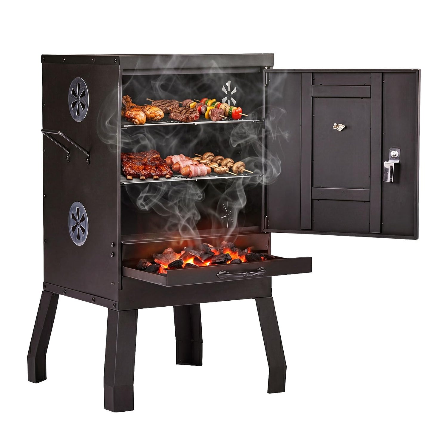 ROVSUN 2-in-1 Outdoor Smoker, Vertical Portable Charcoal Grill Smoker with Two Detachable Grill Smoking Racks and Charcoal Pan, Perfect for Camping Barbecue, Small Families, Black