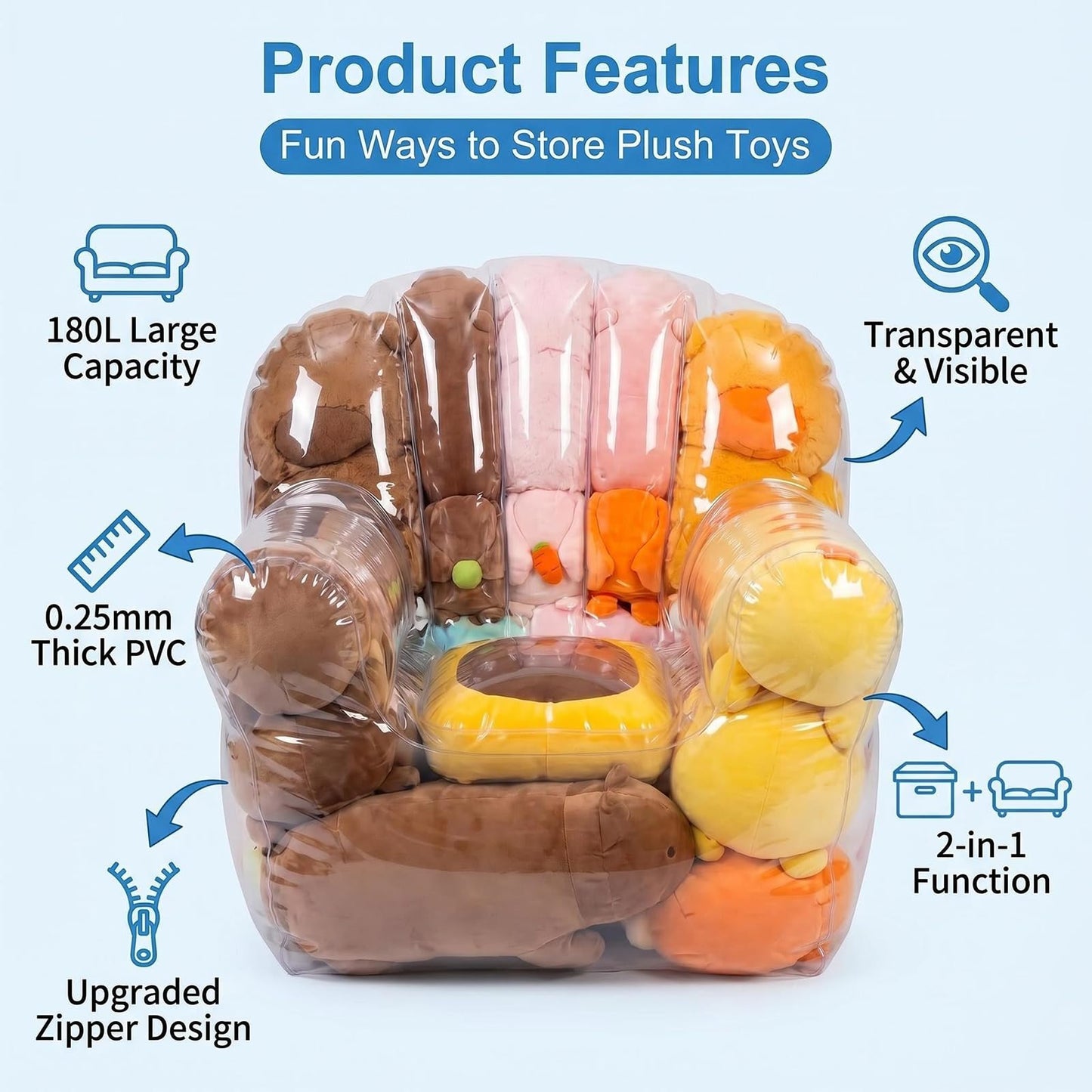 Extra Large Beanbag Chair Cover with Zipper, Clear Stuffed Animal Storage Bean Bag Chair Cover for Kids, PVC Bean Bag Chair Plush Toys Storage & Organizing