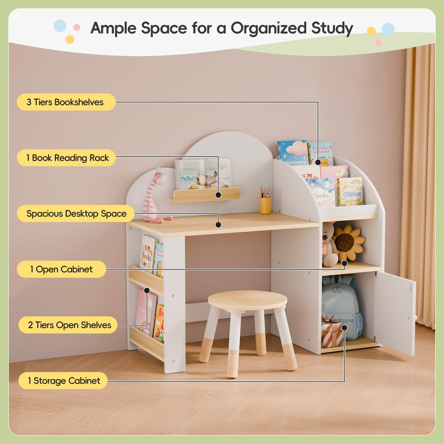 Kids Desk and Chair Set with 2 Bookshelves, Student Study Table and Stools, Toddler Study Desk with Storage, Wooden Kids Desk and Chair Set with 2 Cabinets for Ages 3-8, Boys, Girls (One Child)