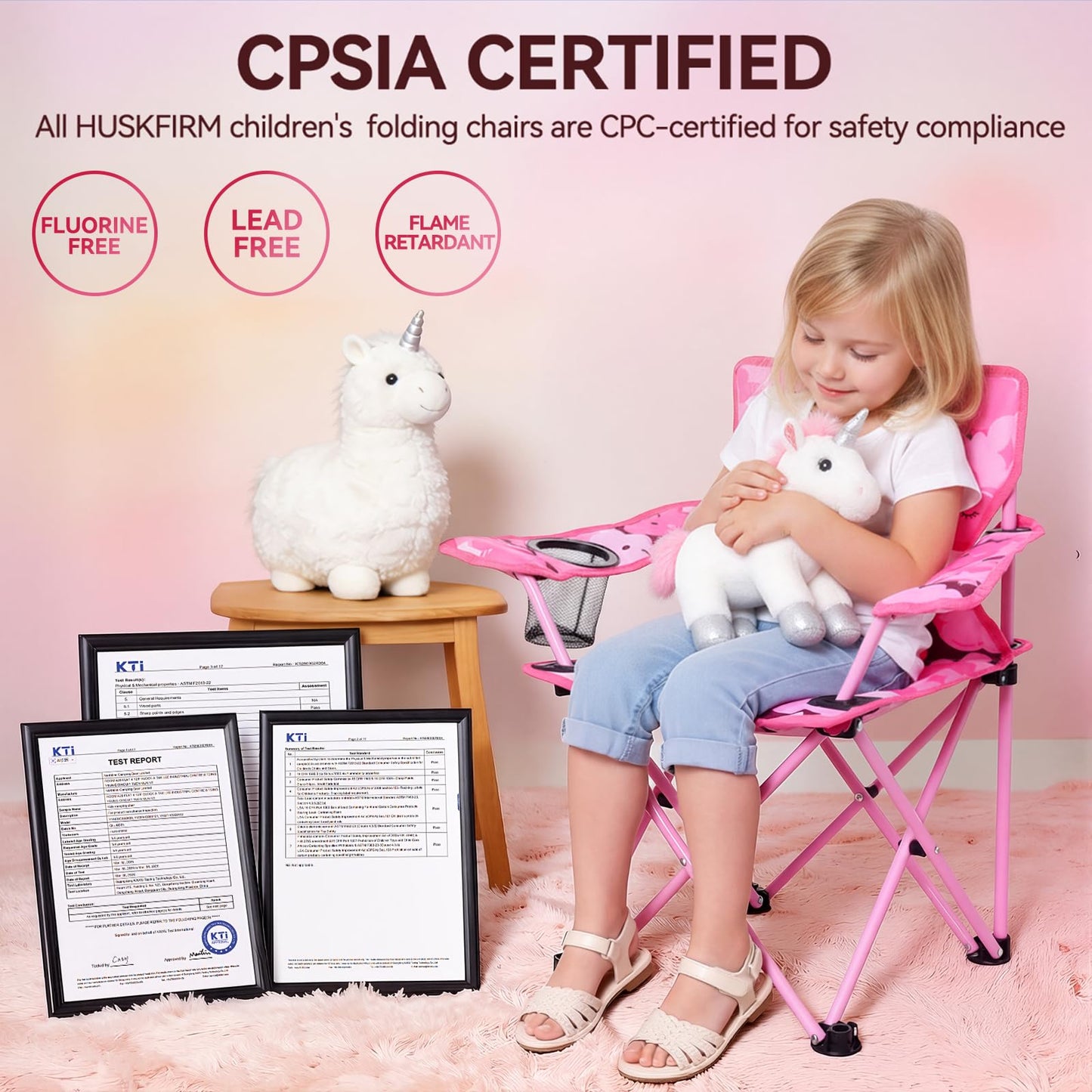 Huskfirm Padded Kids Camping Chair Folding Toddler Chair with Cup Holder & Safety Lock Portable Kids Beach Chair Ages 3-6 for Outdoor Camping Foldable Kids Chair Support 120lbs,Pink Unicorn