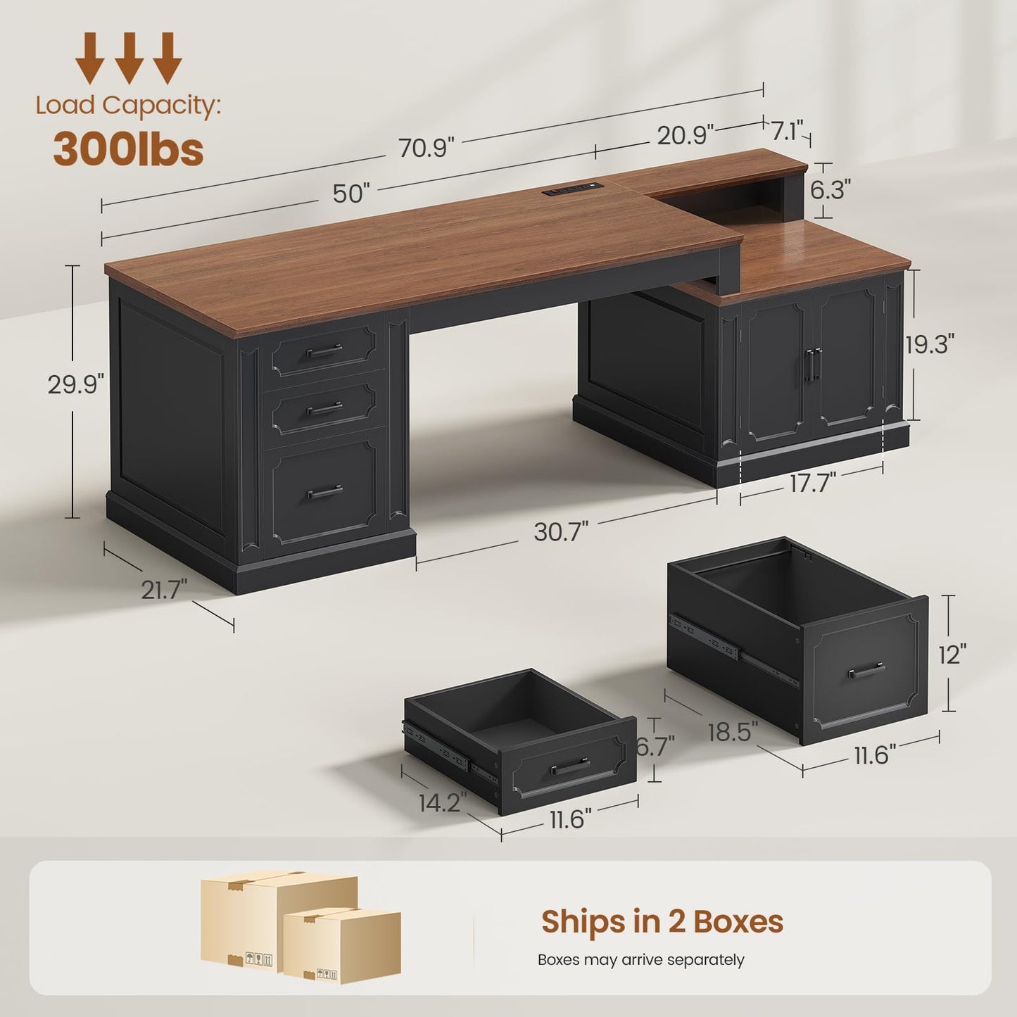 SEDETA Farmhouse 70.9" Executive Desk, Home Office Desk with File Drawers and Storage Cabinet, Computer Desk with Power Outlet for Home Office, Work Study Writing, Black+Brown