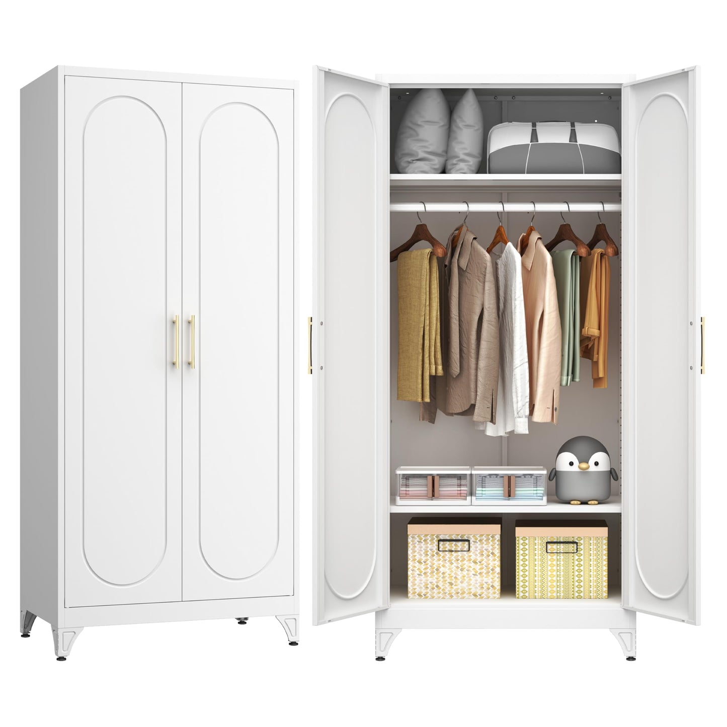 Kubohogar 71" White Wardrobe Closet with 2 Doors, Metal Armoire Wardrobe Cabinet with Hanging Rod and Adjustable Shelves, Clothing Storage Cabinets for Bedroom, Laundry Room, Home Office