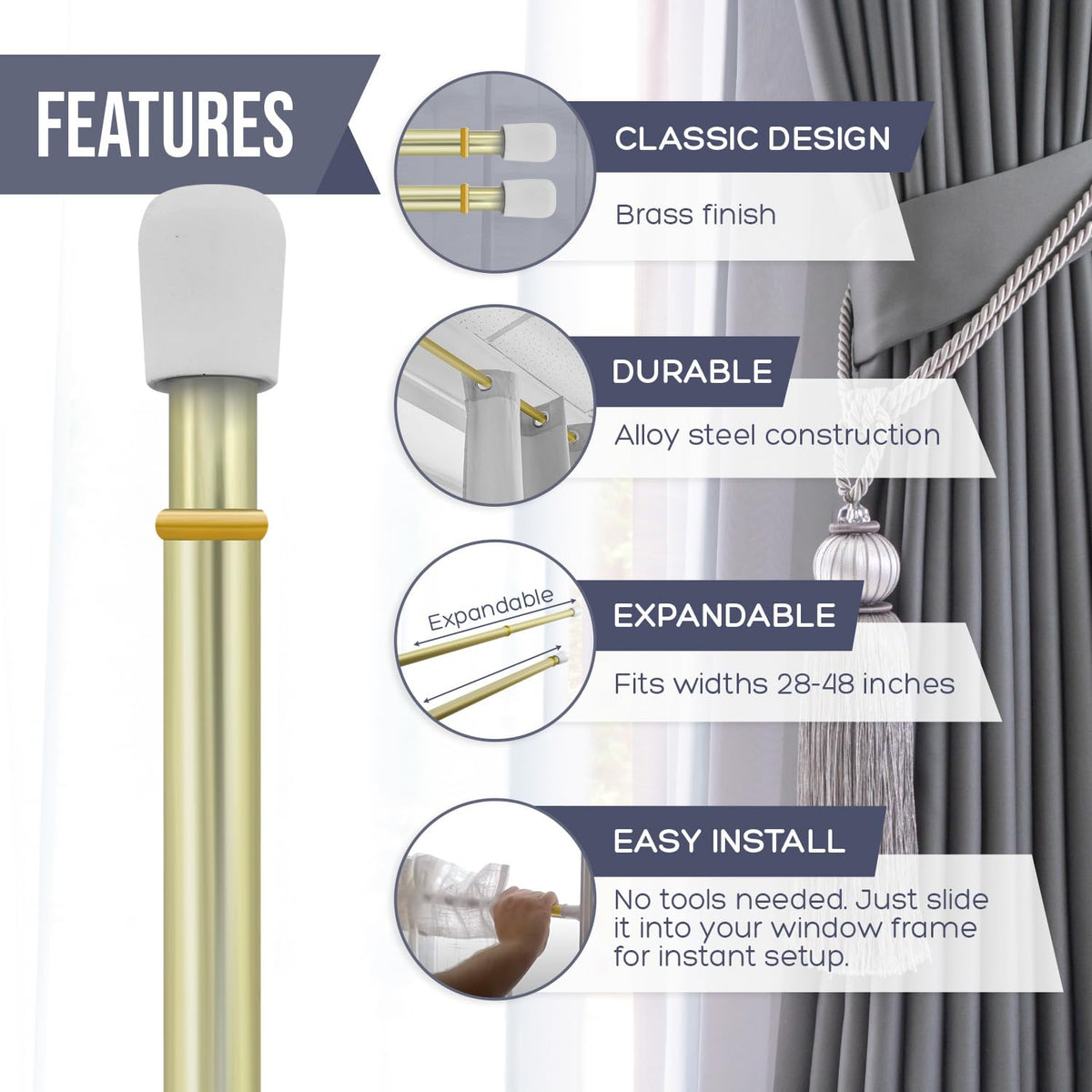 Amazing Drapery Hardware 7/16 Inch Brass Spring Tension Rods, 28-48"