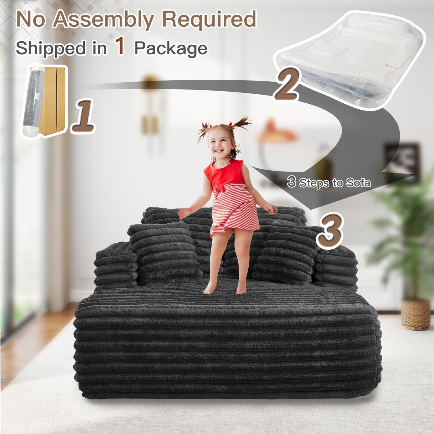 JEEOHEY 56" Oversized Chaise Lounge Chair Indoor,Plush Faux Fur Sleeper Sofa Couch Bed with Pillows&Wide Armrests,Fluffy Comfy Cloud Couch,Compression Foam Couch for Living Room,Bedroom(Black)