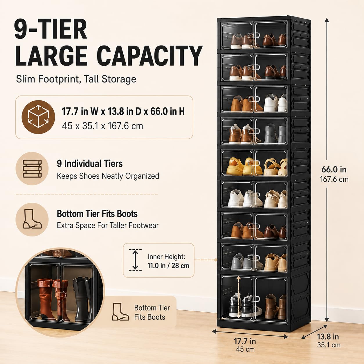 UFORU 9-Tier Black Foldable Shoe Rack,18-Pair Organizer with Magnetic Doors