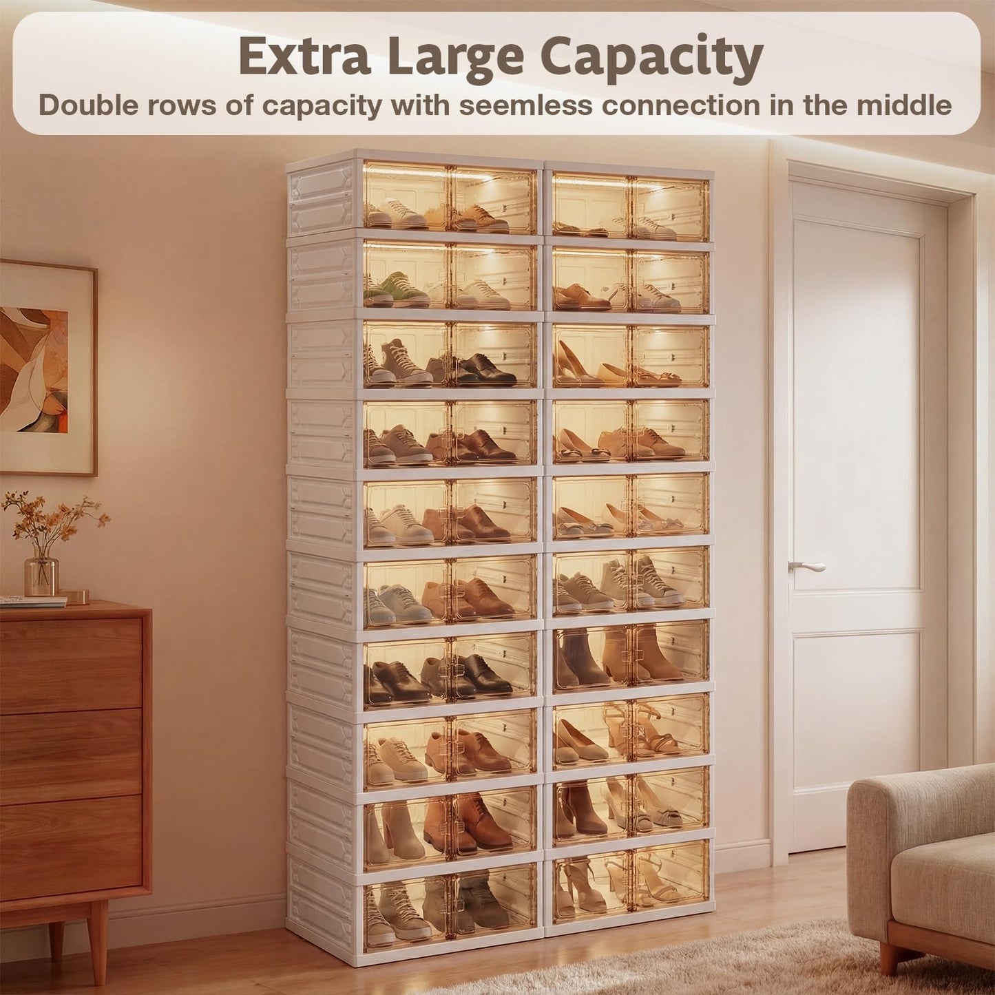 Danrelax 10-Tier Foldable Shoe Rack Organizer, 40 Pairs Stackable & Collapsible Shoe Cabinet with Transparent Doors & Leather Handles, Space-Saving Storage for Closet, Kitchen, Cabinet (No Boots Tier)
