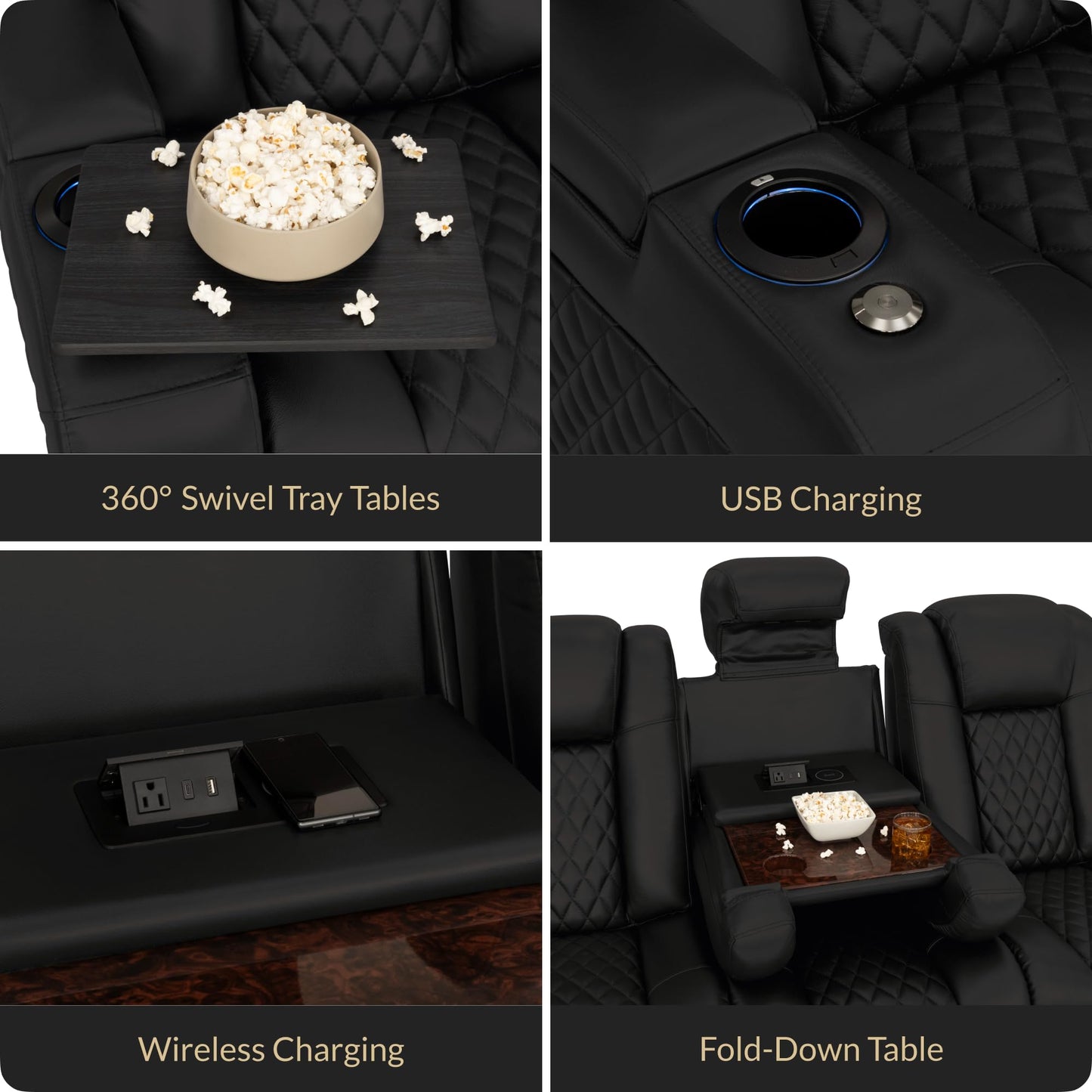 Seatcraft Euphoria Home Theater Seating Black Sofa with Fold Down Table