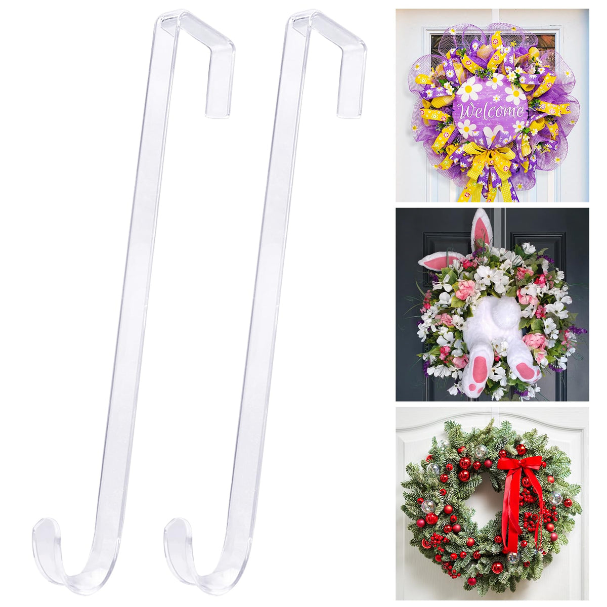 12" Clear Wreath Hangers for Front Door, 2 Pack Over Door Hooks Non-Scratch