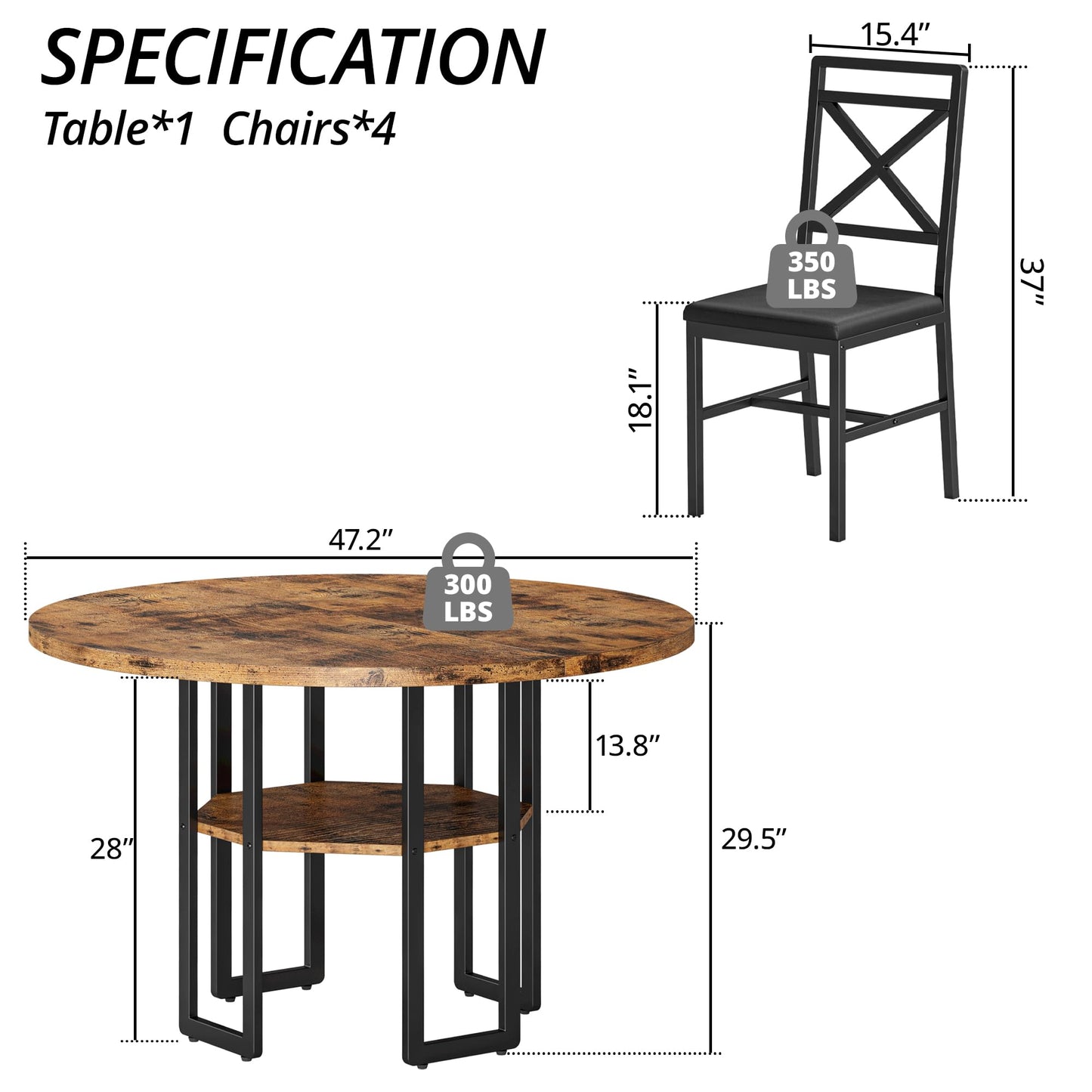 IRONCK Dining Table Set for 4, Round Dining Table and Chairs, Kitchen Table and Chairs for 4, 47 inch Cirecle Dining Room Table with 4 Chairs for Small Space