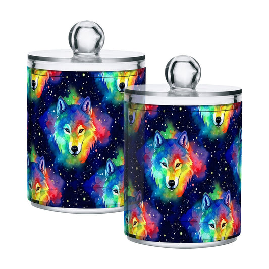 DUOBU Watercolor Wolf Faces 4 Pack Plastic Storage Jar, Qtip Holder Storage Canister with Lid, Storage and Organization, Bathroom Canisters for Organizing Cotton Balls, Floss