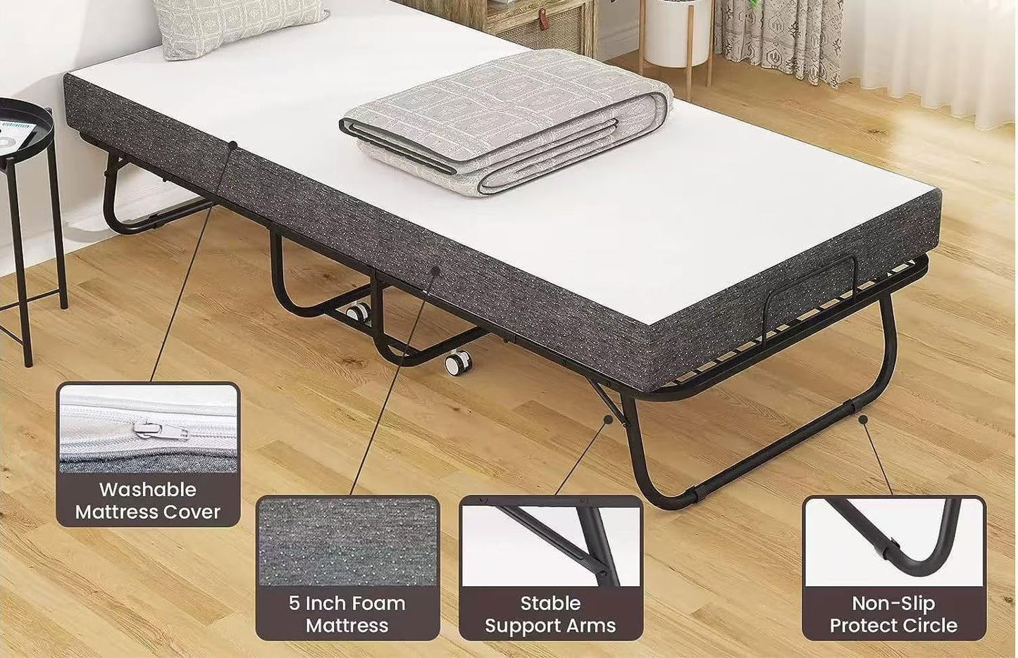 Fenghuolun Rollaway Bed - Single - Luxury Memory Foam Mattress and Extra Strong Frame - 75" x 31 (Small Single)