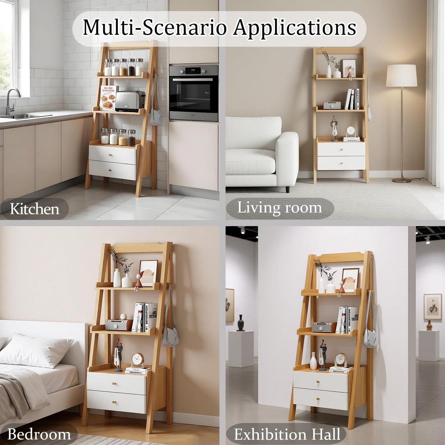 YKHTBDL Solid Ladder Bookshelf with Storage, Modern Wooden Display Shelf, Tall Narrow Plant Stand with Drawers for Living Room, Bedroom & Home Office Black B (23.62''L× 14.17''W×55.11''H)