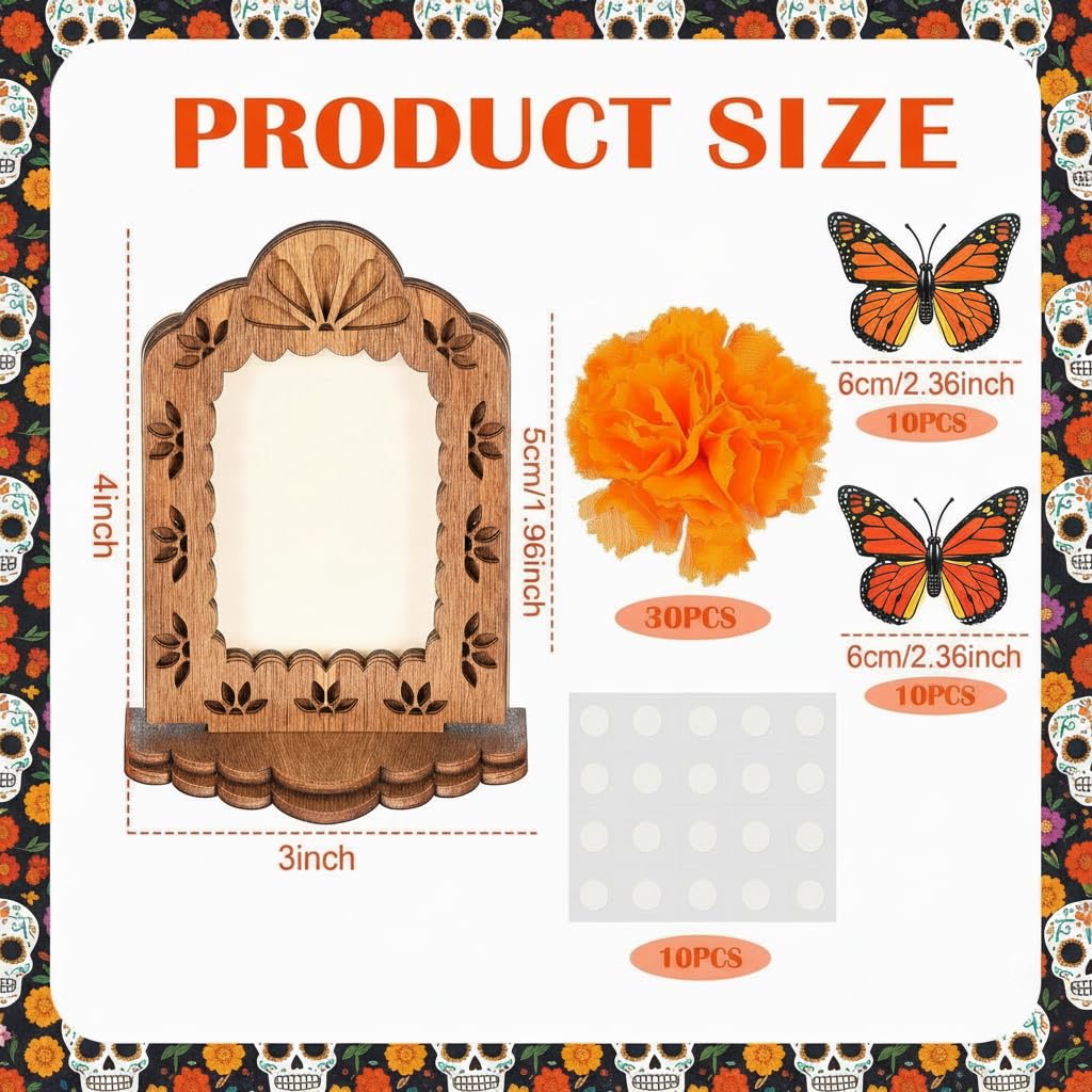 GAGEC 10Pcs Dia De Los Muertos Picture Frame Ofrenda Frame Day of The Dead Photo Frame Wooden Shadow Box 30 Artificial Marigold Flower 20 Butterfly for Day of The Dead Decoration