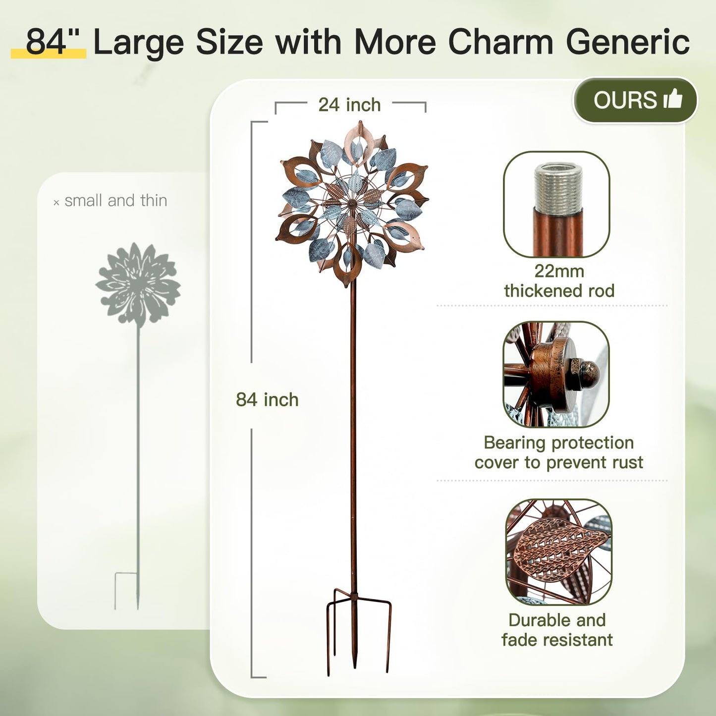 Wind Spinners Outdoor for Yard and Garden, 84 Inch Metal Large Outdoors Windmill Kinetic Wind Spinner, Outside Decor for Yard Art Lawn Backyard Landscape Patio(24" W x 84" H)